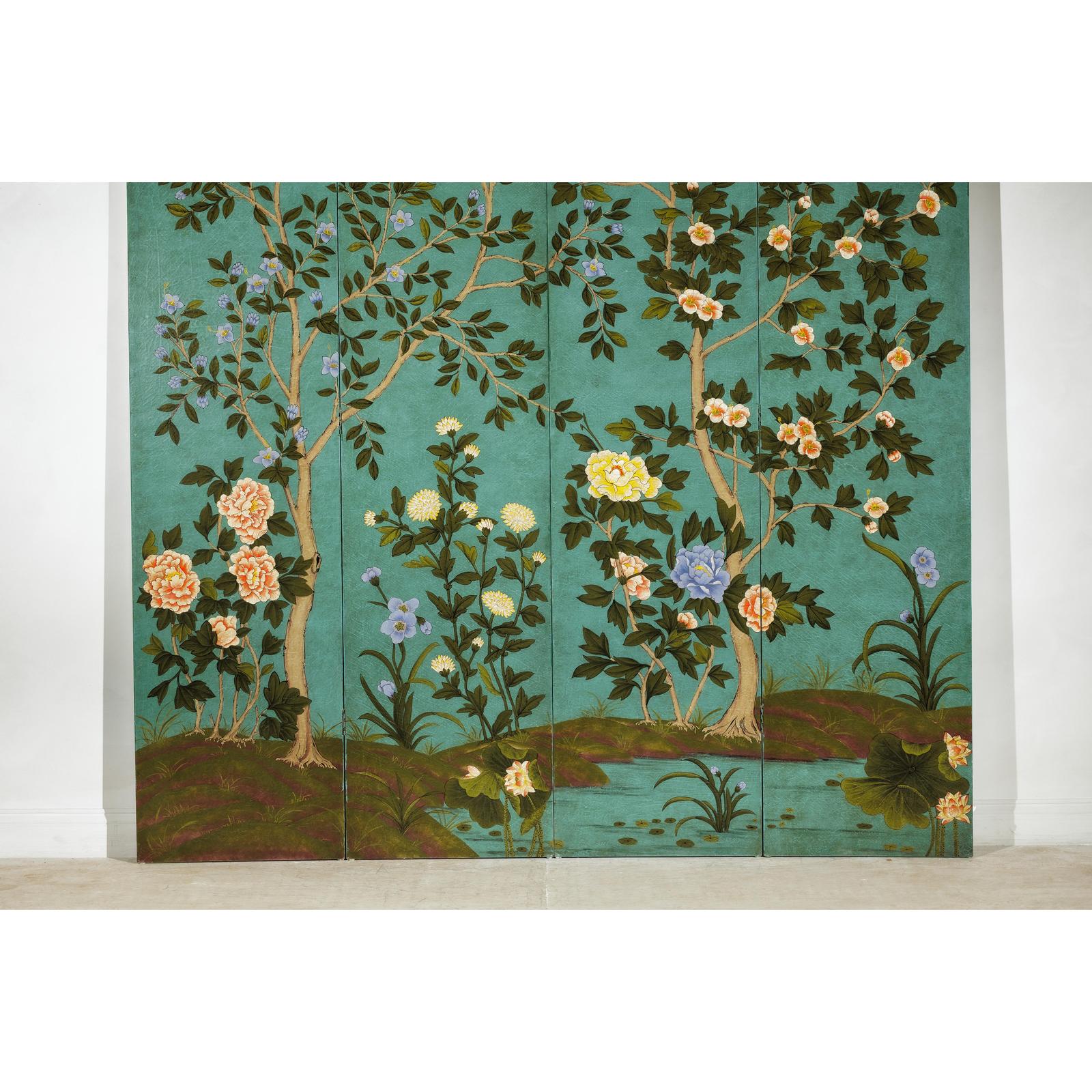 Four-Panel Screen with Hand-Painted Blossoms on Teal Ground-5. Asian &amp; Chinese Furniture, Art, Antiques, Vintage Home Décor for sale at FEA Home