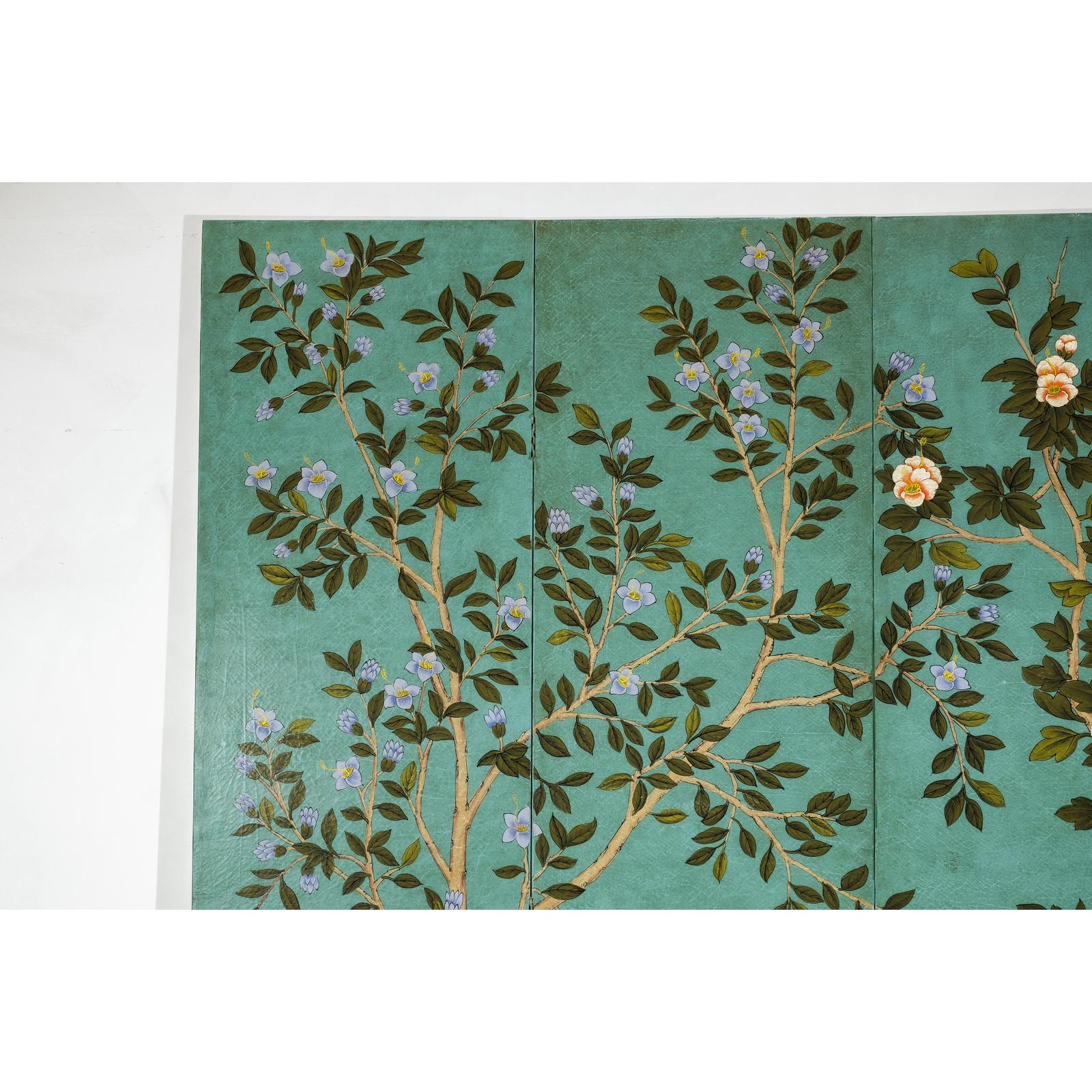 Four-Panel Screen with Hand-Painted Blossoms on Teal Ground-6. Asian &amp; Chinese Furniture, Art, Antiques, Vintage Home Décor for sale at FEA Home