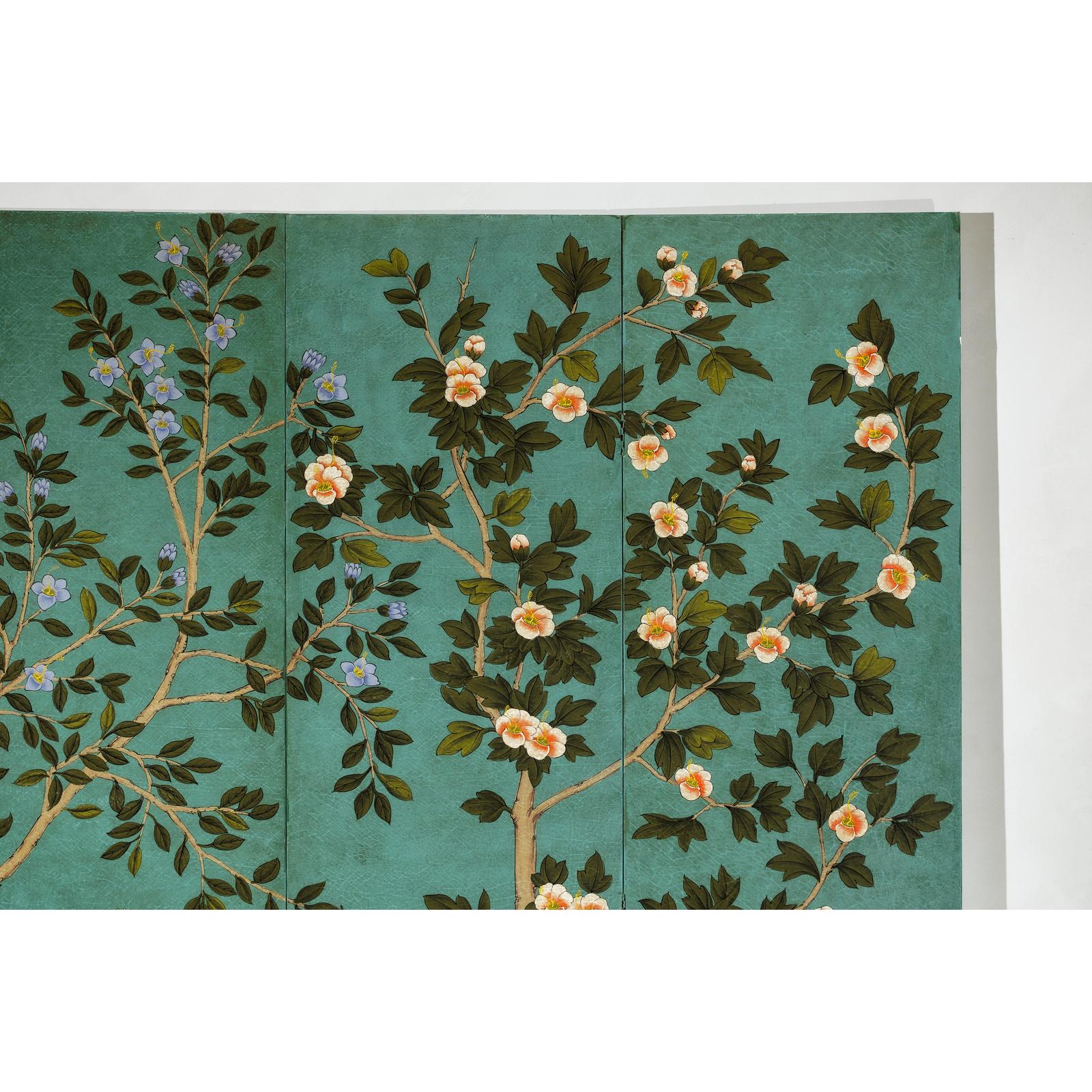 Four-Panel Screen with Hand-Painted Blossoms on Teal Ground-7. Asian &amp; Chinese Furniture, Art, Antiques, Vintage Home Décor for sale at FEA Home