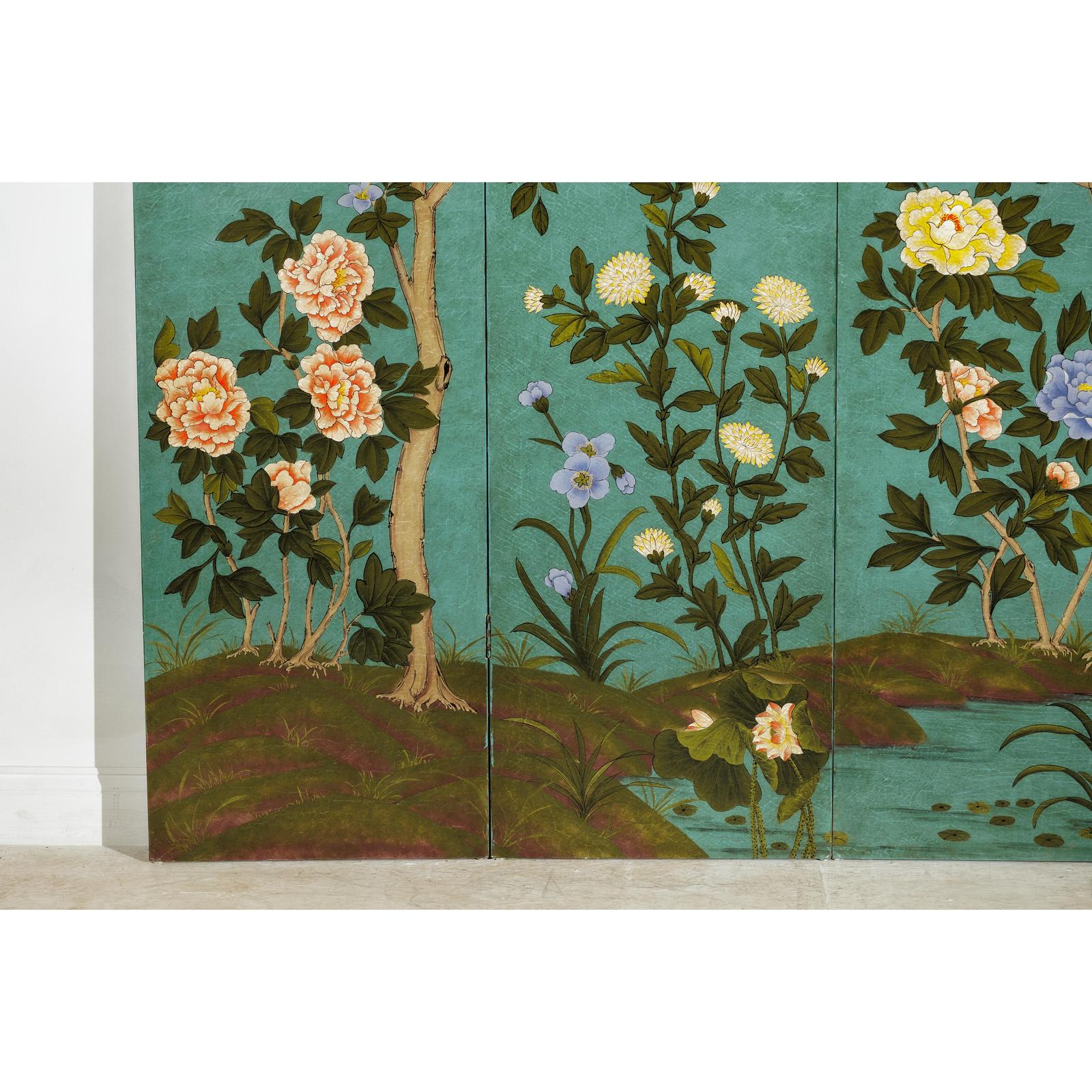 Four-Panel Screen with Hand-Painted Blossoms on Teal Ground-8. Asian &amp; Chinese Furniture, Art, Antiques, Vintage Home Décor for sale at FEA Home
