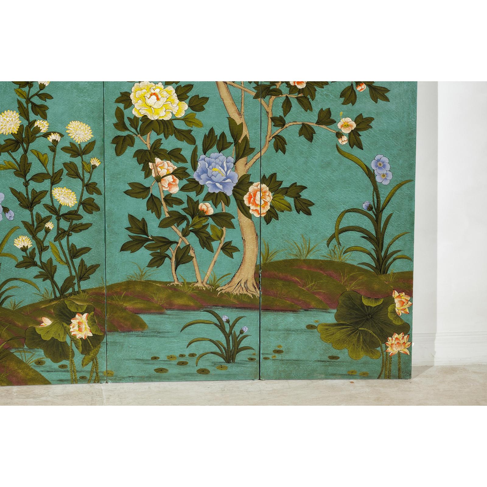 Four-Panel Screen with Hand-Painted Blossoms on Teal Ground-9. Asian &amp; Chinese Furniture, Art, Antiques, Vintage Home Décor for sale at FEA Home