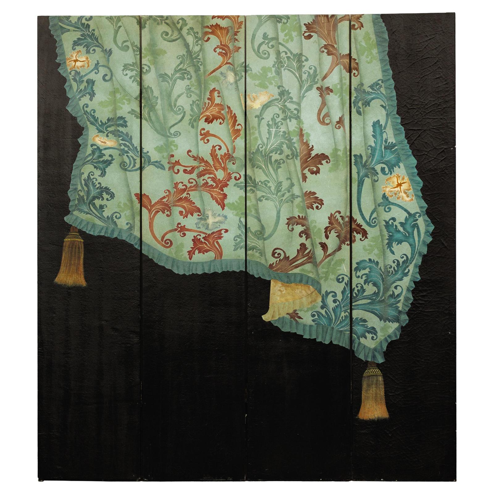 Four-Panel Screen with Hand-Painted Drapery and Tassel Motif-1. Asian & Chinese Furniture, Art, Antiques, Vintage Home Décor for sale at FEA Home