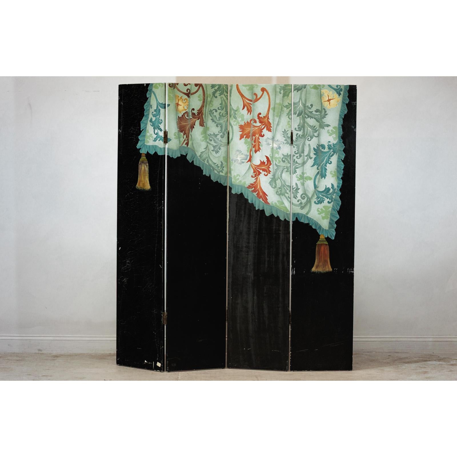 Four-Panel Screen with Hand-Painted Drapery and Tassel Motif-19. Asian &amp; Chinese Furniture, Art, Antiques, Vintage Home Décor for sale at FEA Home