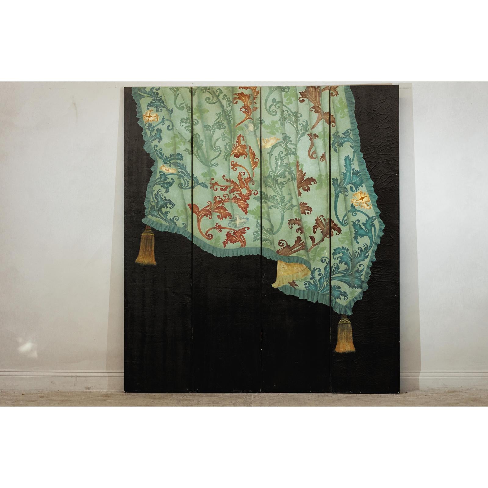 Four-Panel Screen with Hand-Painted Drapery and Tassel Motif-2. Asian & Chinese Furniture, Art, Antiques, Vintage Home Décor for sale at FEA Home