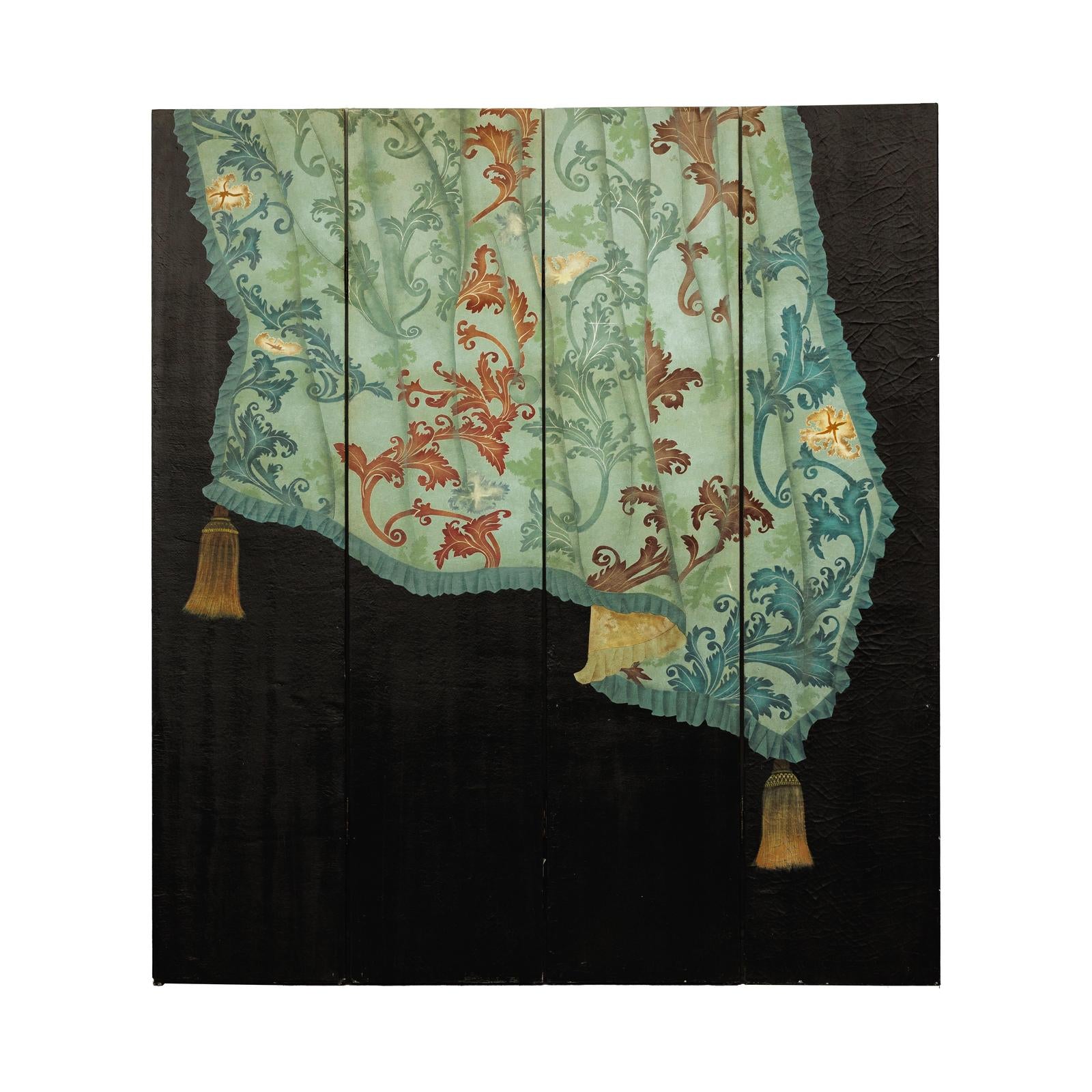 Four-Panel Screen with Hand-Painted Drapery and Tassel Motif-20. Asian &amp; Chinese Furniture, Art, Antiques, Vintage Home Décor for sale at FEA Home