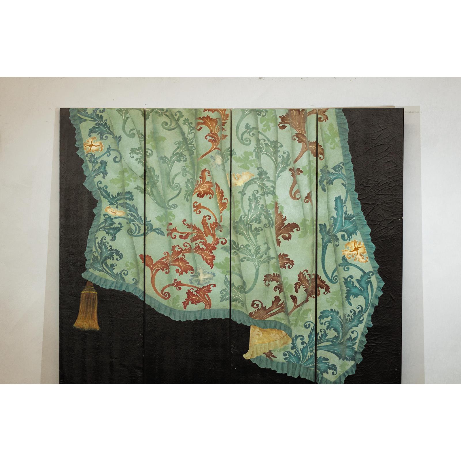 Four-Panel Screen with Hand-Painted Drapery and Tassel Motif-3. Asian &amp; Chinese Furniture, Art, Antiques, Vintage Home Décor for sale at FEA Home