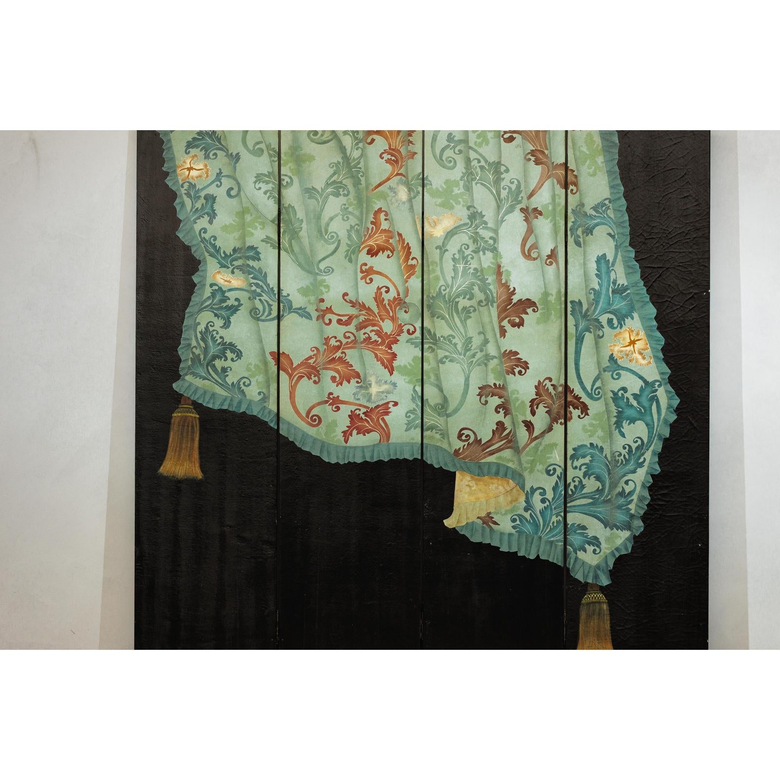 Four-Panel Screen with Hand-Painted Drapery and Tassel Motif-5. Asian &amp; Chinese Furniture, Art, Antiques, Vintage Home Décor for sale at FEA Home