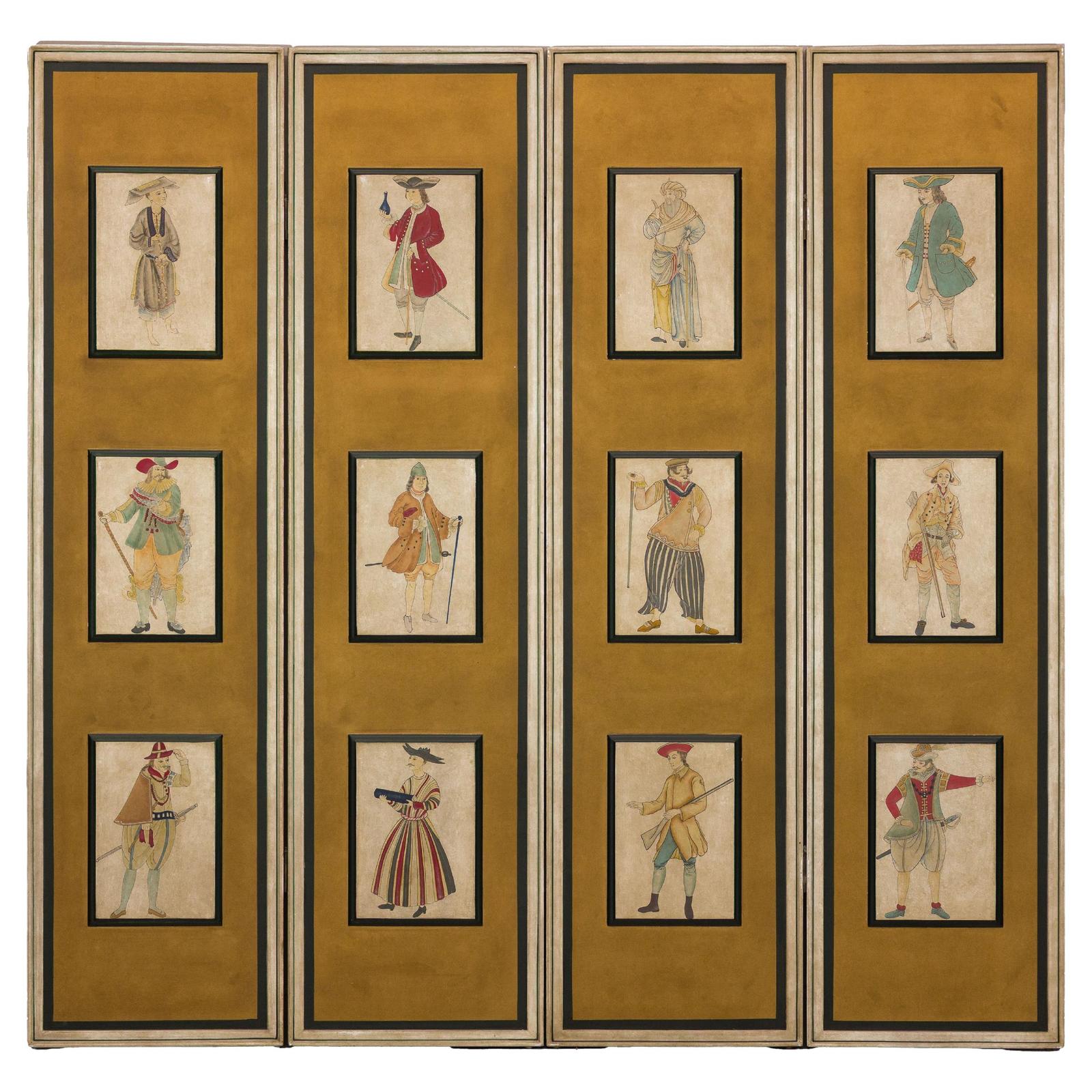 Four-Panel Screen with Painted Theatrical Costume Figures on Raised Panels-1. Asian & Chinese Furniture, Art, Antiques, Vintage Home Décor for sale at FEA Home