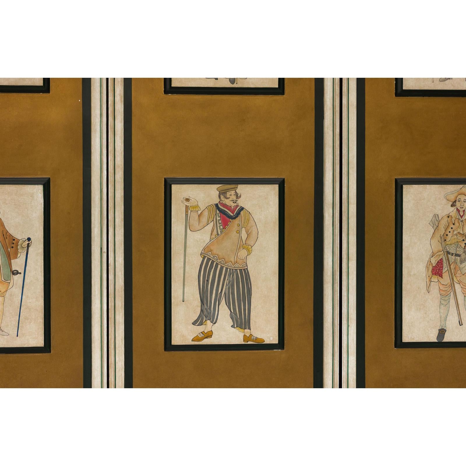 Four-Panel Screen with Painted Theatrical Costume Figures on Raised Panels-12. Asian &amp; Chinese Furniture, Art, Antiques, Vintage Home Décor for sale at FEA Home