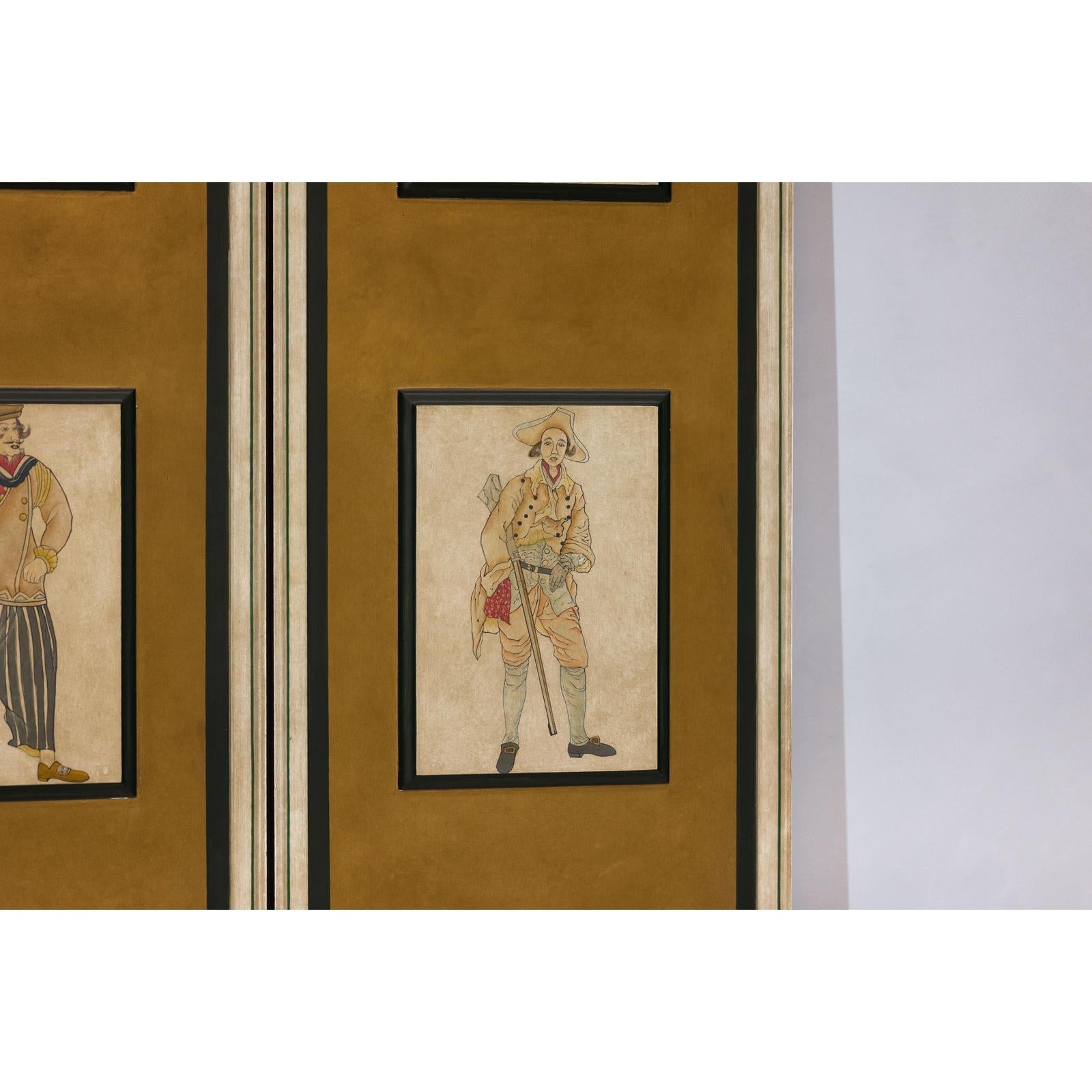 Four-Panel Screen with Painted Theatrical Costume Figures on Raised Panels-13. Asian &amp; Chinese Furniture, Art, Antiques, Vintage Home Décor for sale at FEA Home