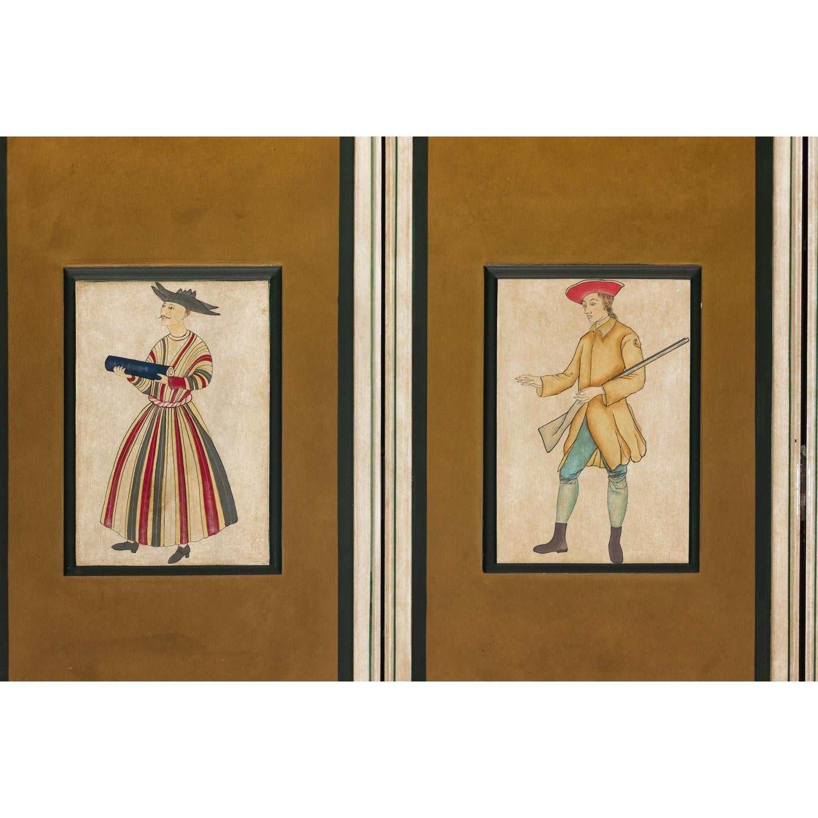 Four-Panel Screen with Painted Theatrical Costume Figures on Raised Panels-14. Asian &amp; Chinese Furniture, Art, Antiques, Vintage Home Décor for sale at FEA Home