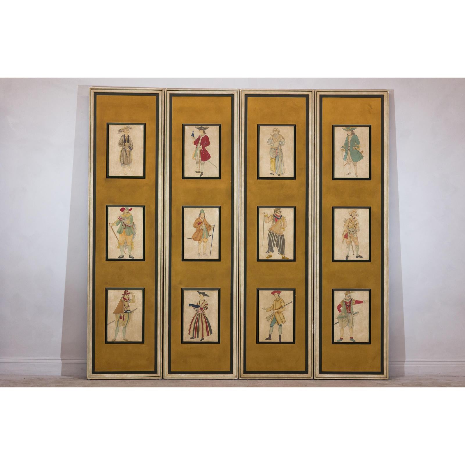 Four-Panel Screen with Painted Theatrical Costume Figures on Raised Panels-2. Asian & Chinese Furniture, Art, Antiques, Vintage Home Décor for sale at FEA Home
