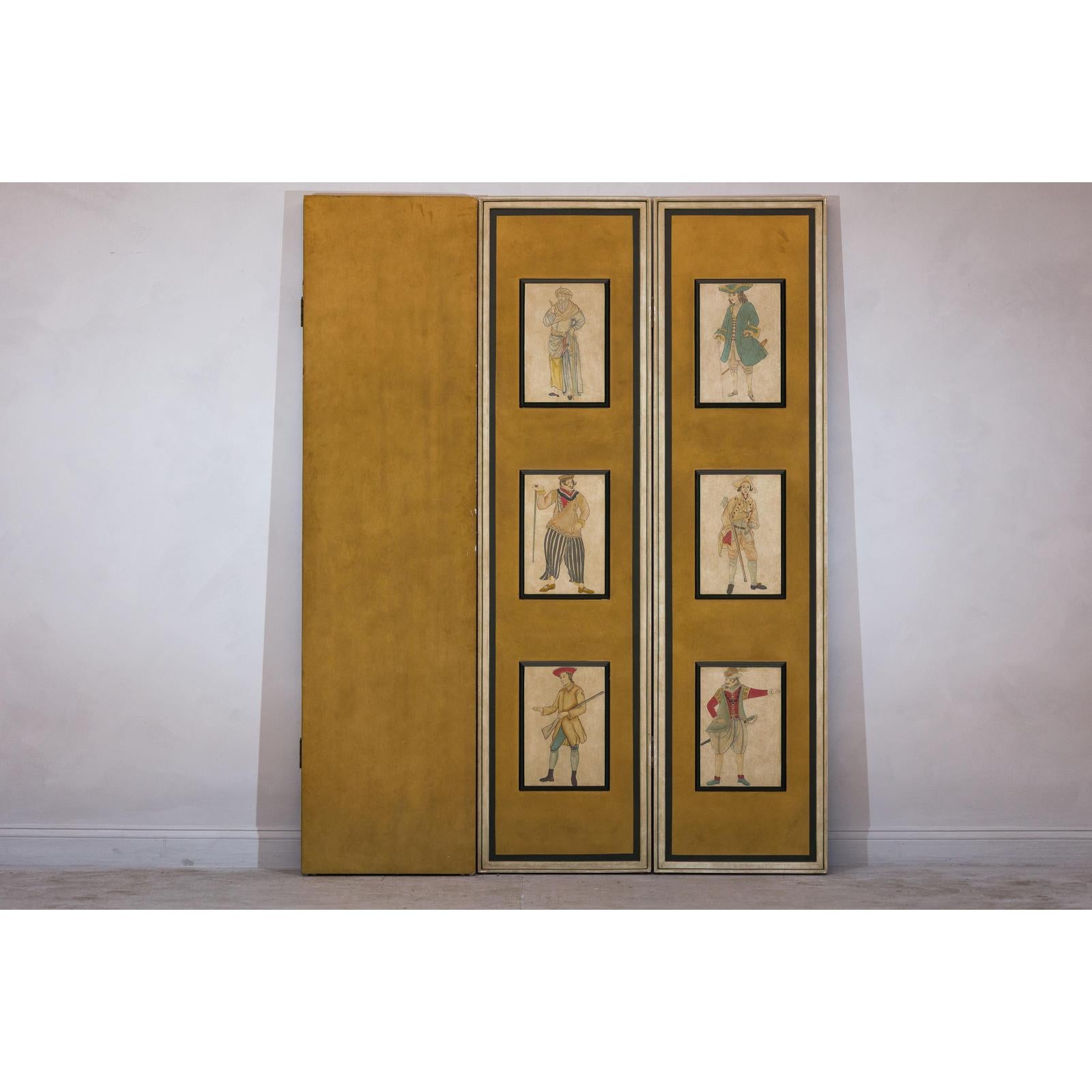 Four-Panel Screen with Painted Theatrical Costume Figures on Raised Panels-3. Asian &amp; Chinese Furniture, Art, Antiques, Vintage Home Décor for sale at FEA Home