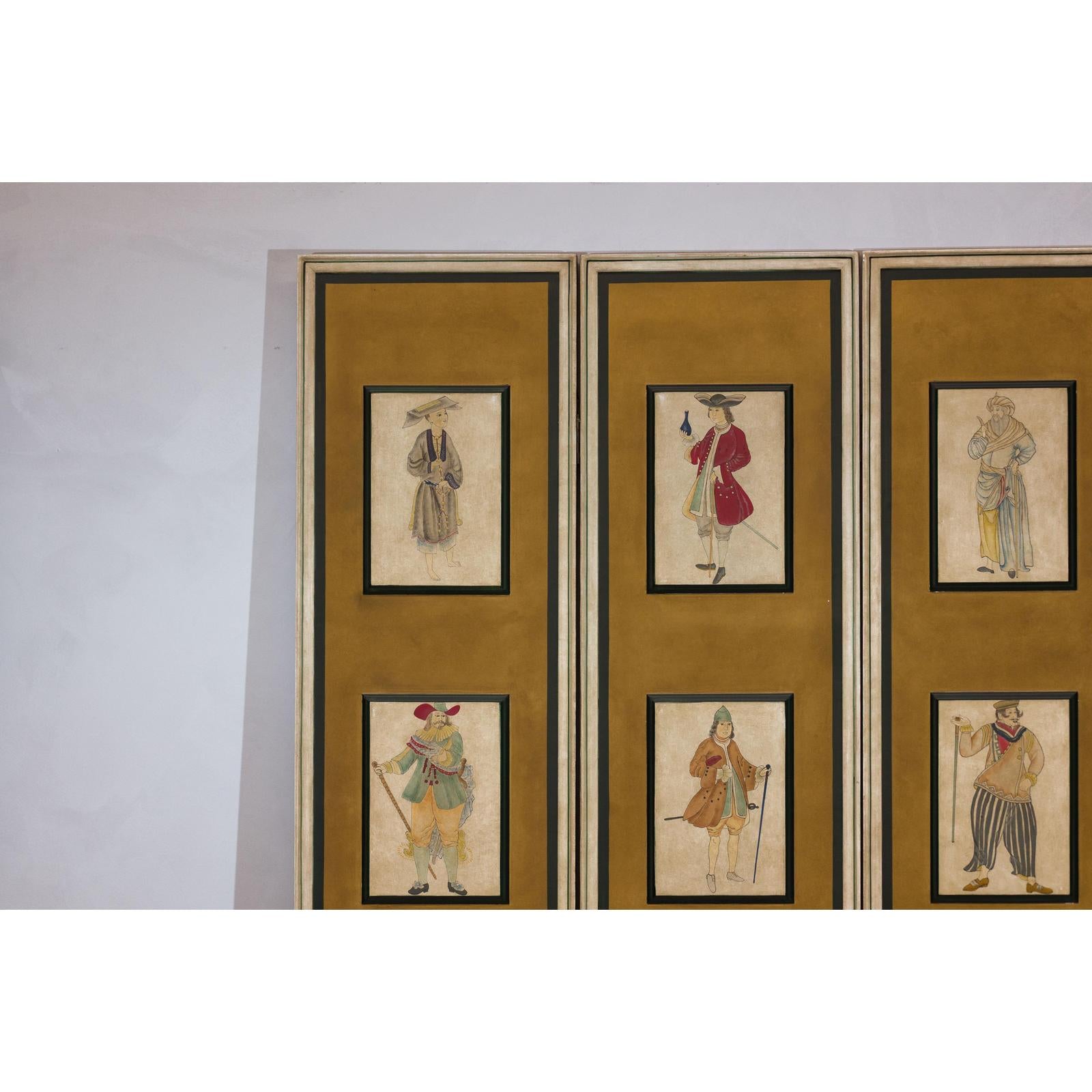 Four-Panel Screen with Painted Theatrical Costume Figures on Raised Panels-4. Asian &amp; Chinese Furniture, Art, Antiques, Vintage Home Décor for sale at FEA Home