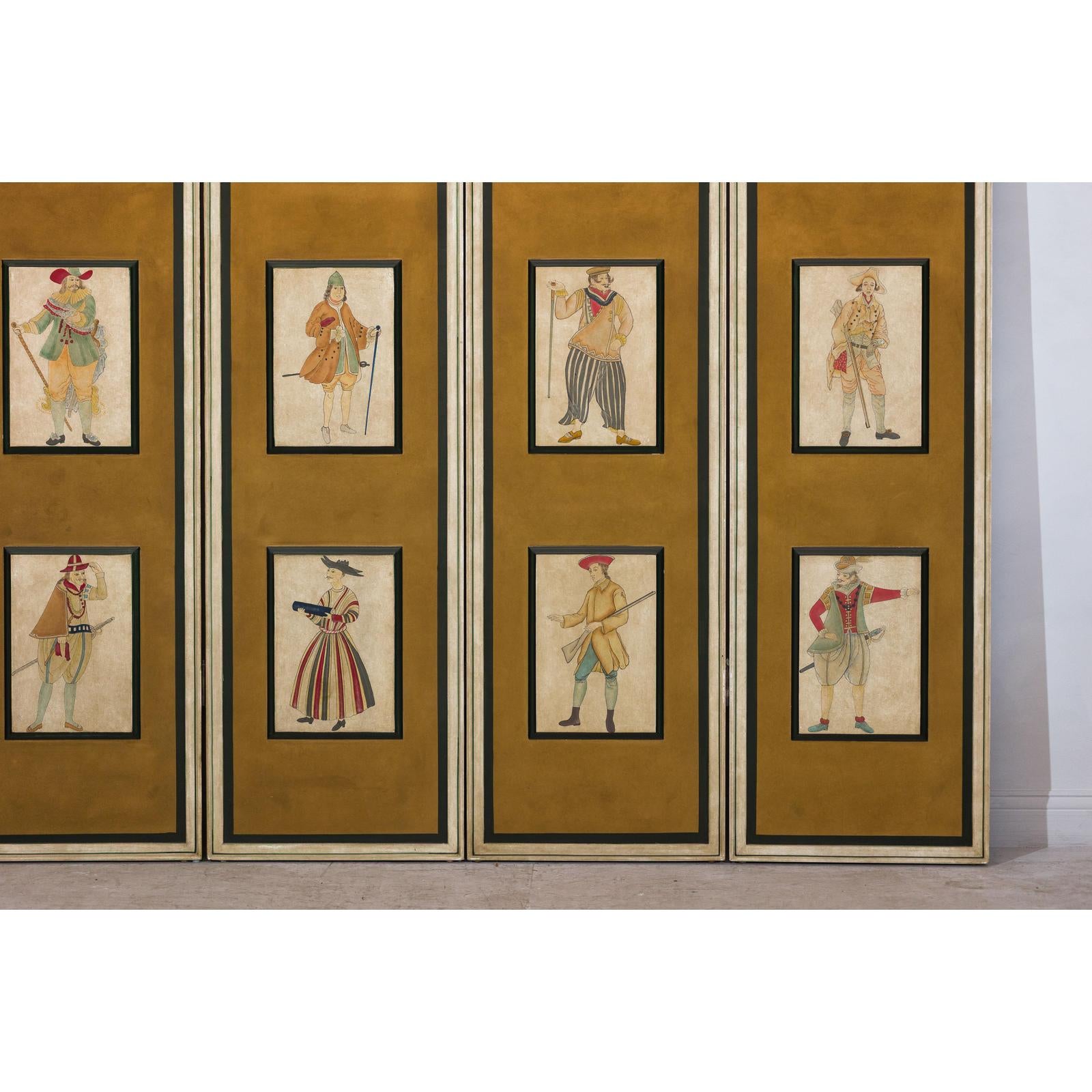 Four-Panel Screen with Painted Theatrical Costume Figures on Raised Panels-6. Asian &amp; Chinese Furniture, Art, Antiques, Vintage Home Décor for sale at FEA Home