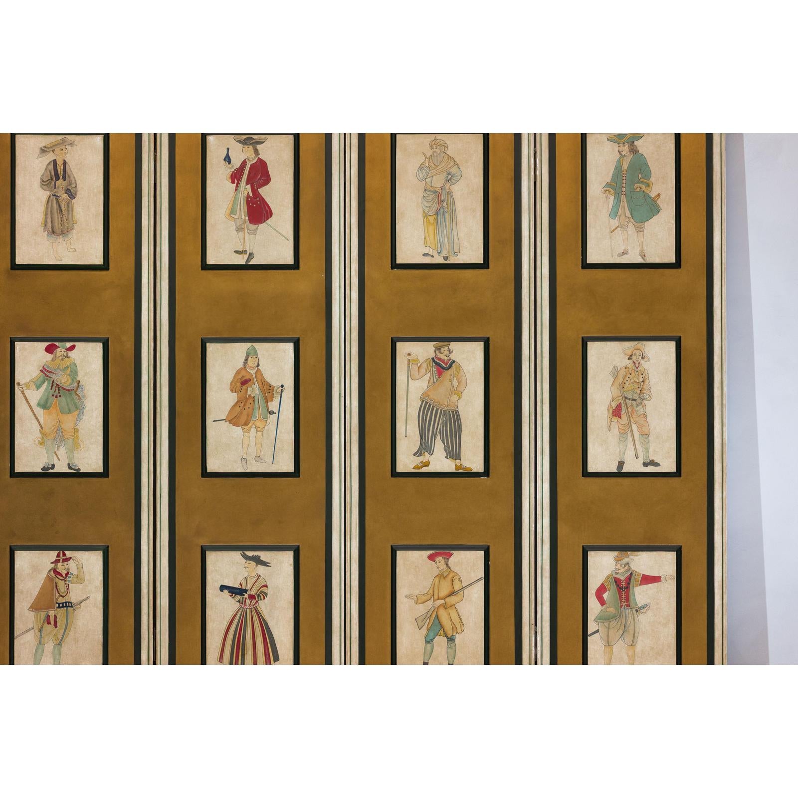 Four-Panel Screen with Painted Theatrical Costume Figures on Raised Panels-8. Asian &amp; Chinese Furniture, Art, Antiques, Vintage Home Décor for sale at FEA Home