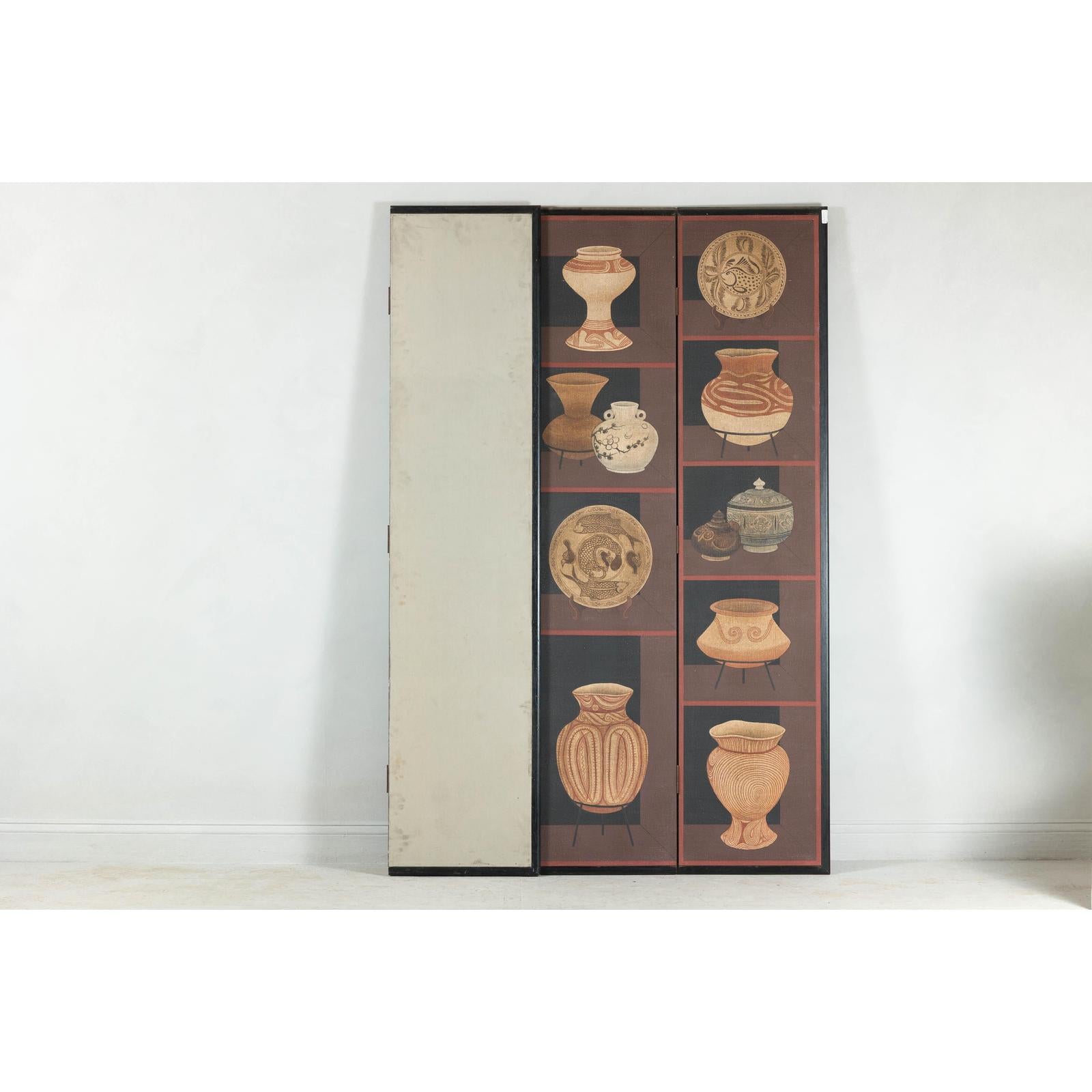 Four-Panel Screen with Painted Vessels and Plates in Brown and Black Tones-10. Asian &amp; Chinese Furniture, Art, Antiques, Vintage Home Décor for sale at FEA Home