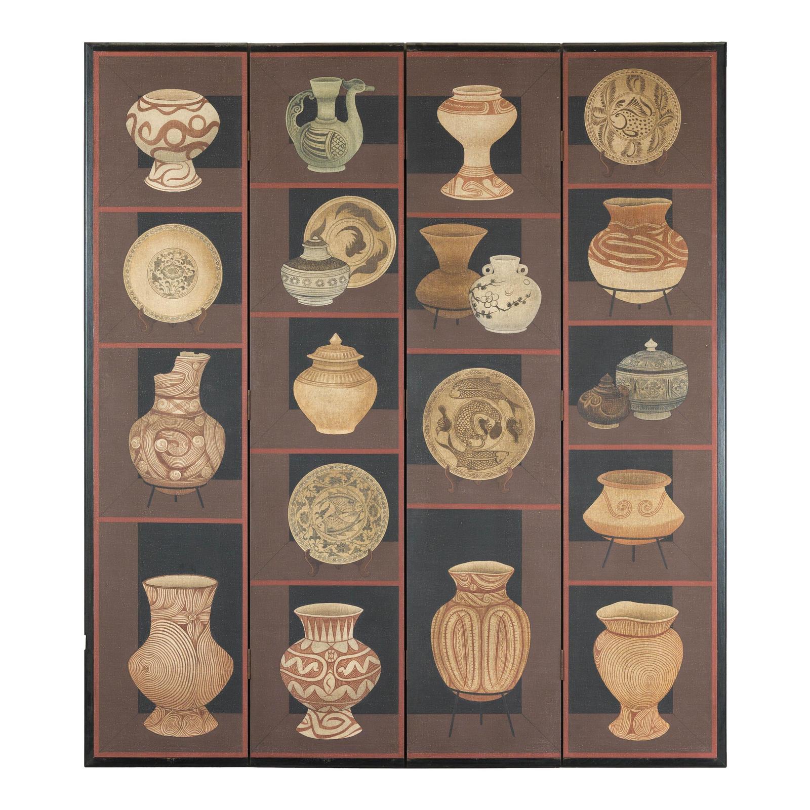 Four-Panel Screen with Painted Vessels and Plates in Brown and Black Tones-11. Asian &amp; Chinese Furniture, Art, Antiques, Vintage Home Décor for sale at FEA Home
