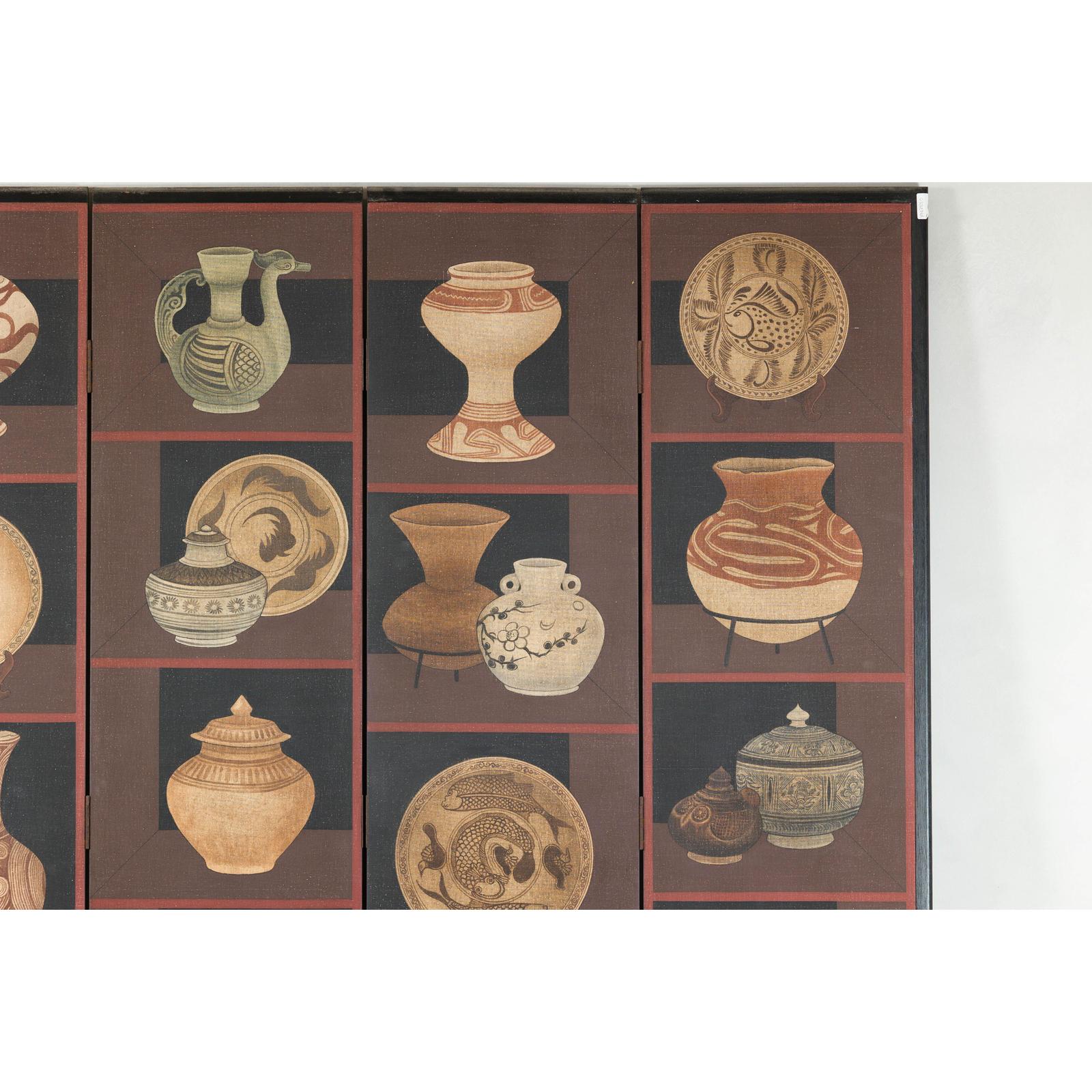 Four-Panel Screen with Painted Vessels and Plates in Brown and Black Tones-4. Asian &amp; Chinese Furniture, Art, Antiques, Vintage Home Décor for sale at FEA Home