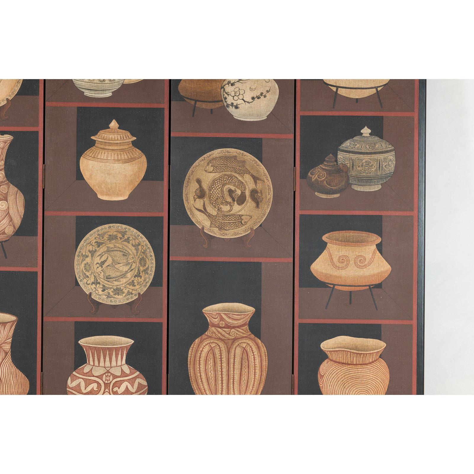Four-Panel Screen with Painted Vessels and Plates in Brown and Black Tones-5. Asian &amp; Chinese Furniture, Art, Antiques, Vintage Home Décor for sale at FEA Home