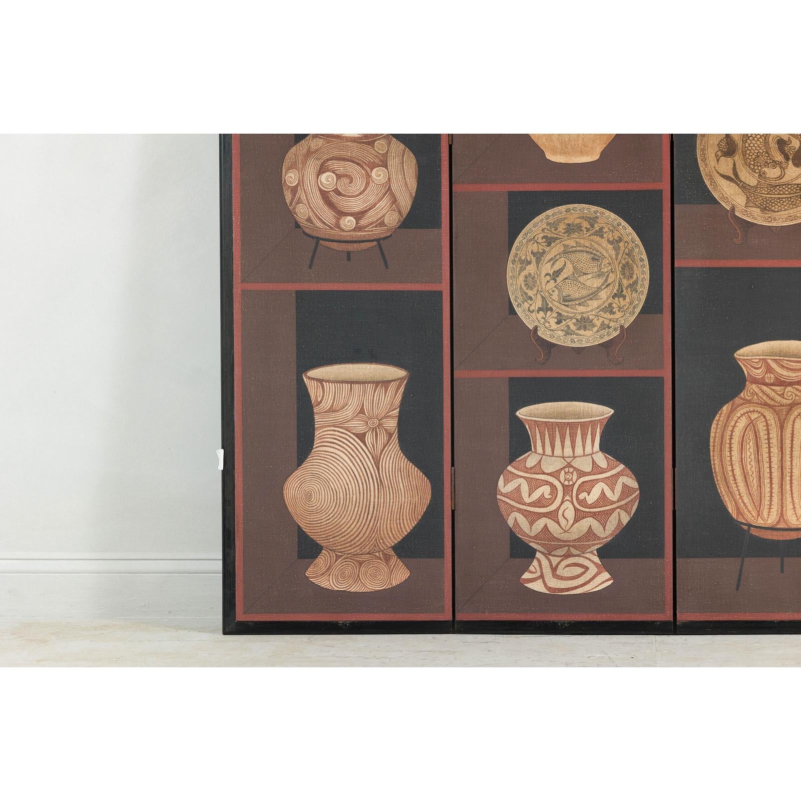 Four-Panel Screen with Painted Vessels and Plates in Brown and Black Tones-7. Asian &amp; Chinese Furniture, Art, Antiques, Vintage Home Décor for sale at FEA Home