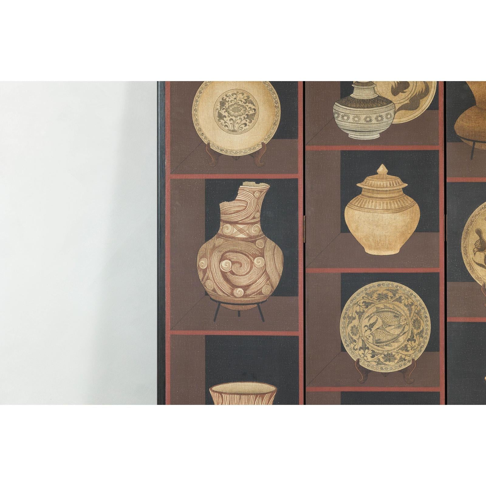 Four-Panel Screen with Painted Vessels and Plates in Brown and Black Tones-8. Asian &amp; Chinese Furniture, Art, Antiques, Vintage Home Décor for sale at FEA Home