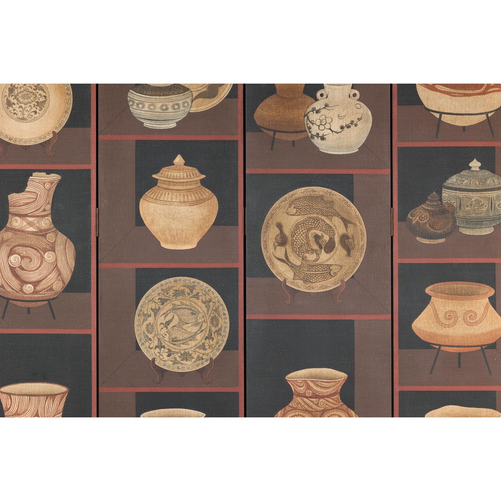 Four-Panel Screen with Painted Vessels and Plates in Brown and Black Tones-9. Asian &amp; Chinese Furniture, Art, Antiques, Vintage Home Décor for sale at FEA Home