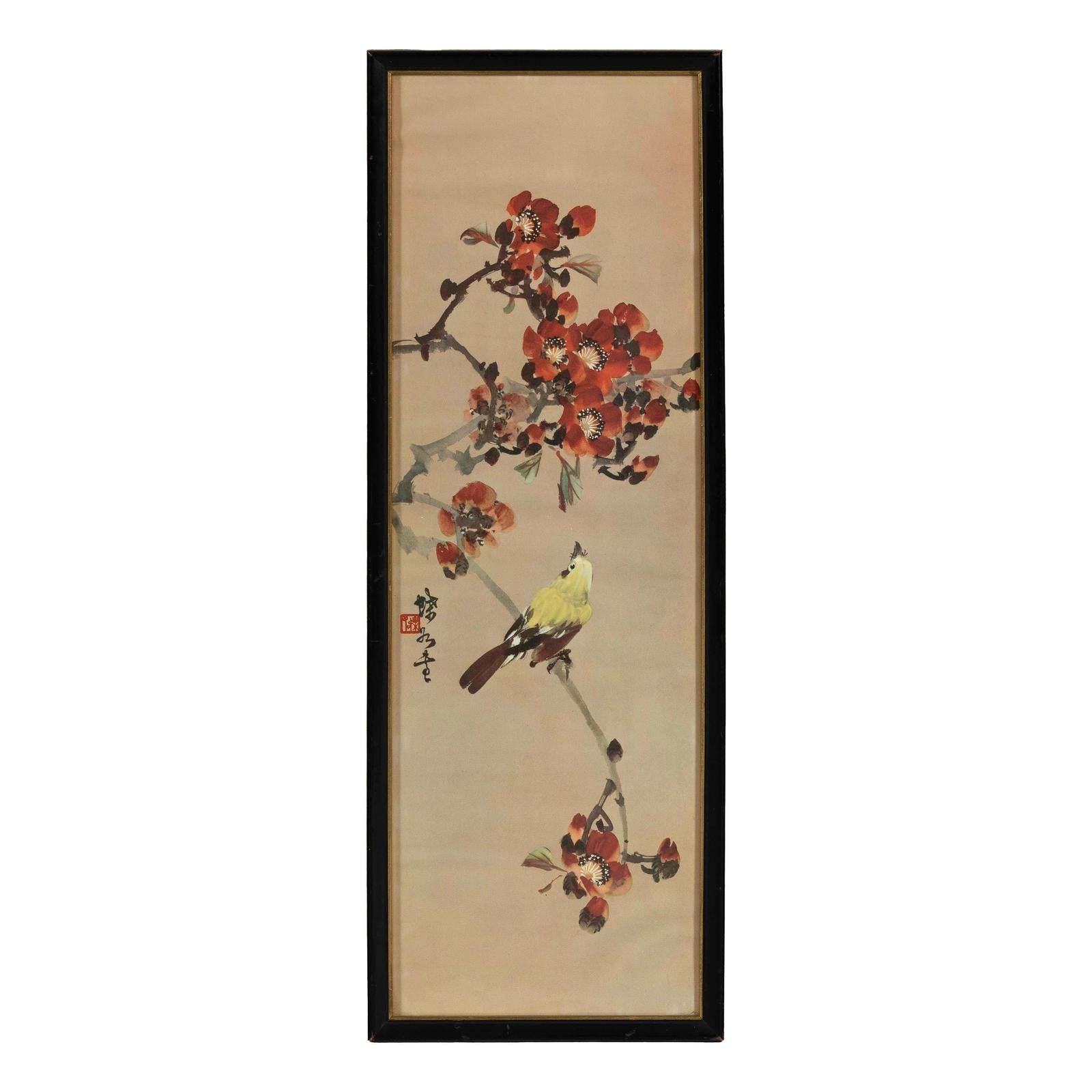 Framed Watercolor Painting of Bird on Flowering Branch-15. Asian &amp; Chinese Furniture, Art, Antiques, Vintage Home Décor for sale at FEA Home