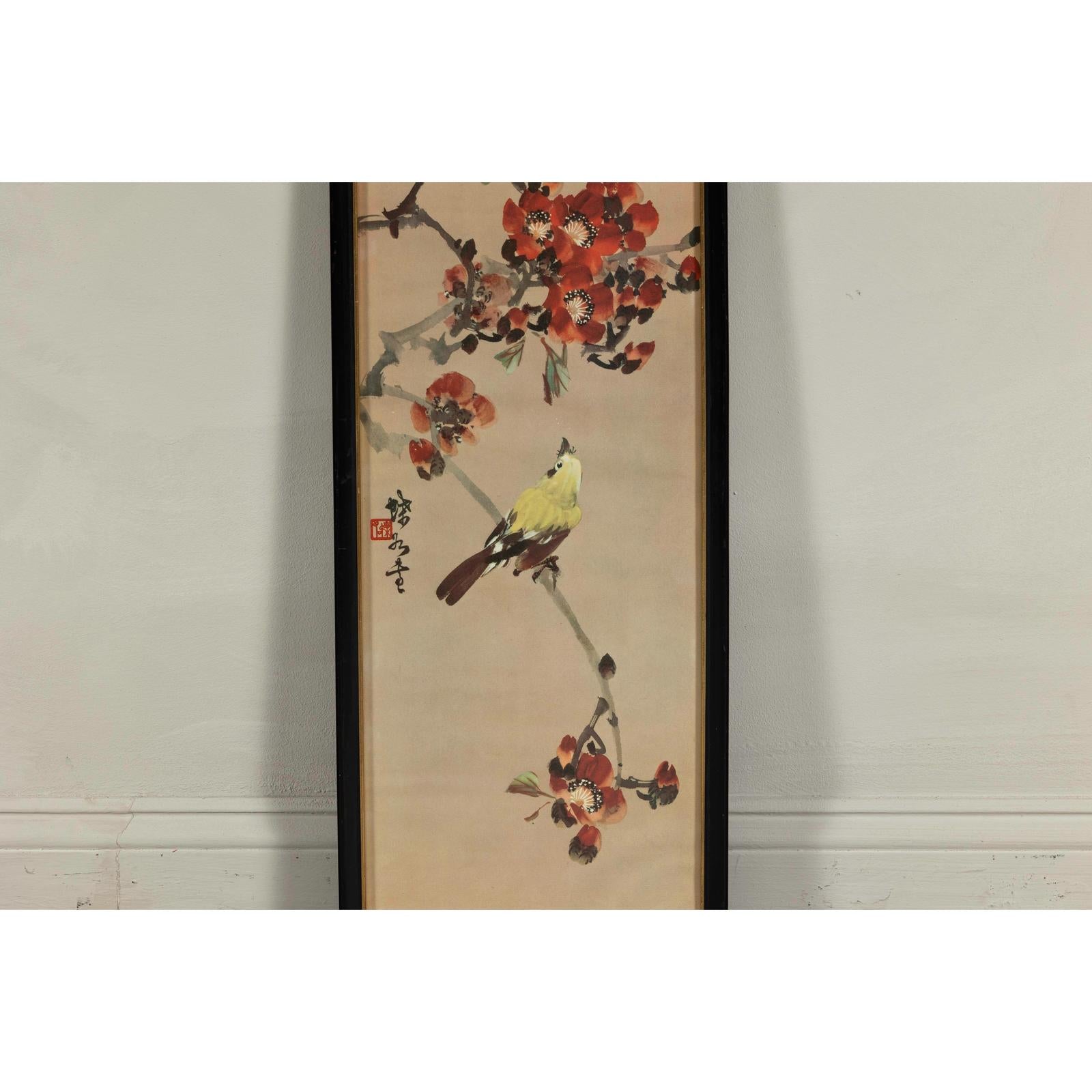 Framed Watercolor Painting of Bird on Flowering Branch-4. Asian &amp; Chinese Furniture, Art, Antiques, Vintage Home Décor for sale at FEA Home