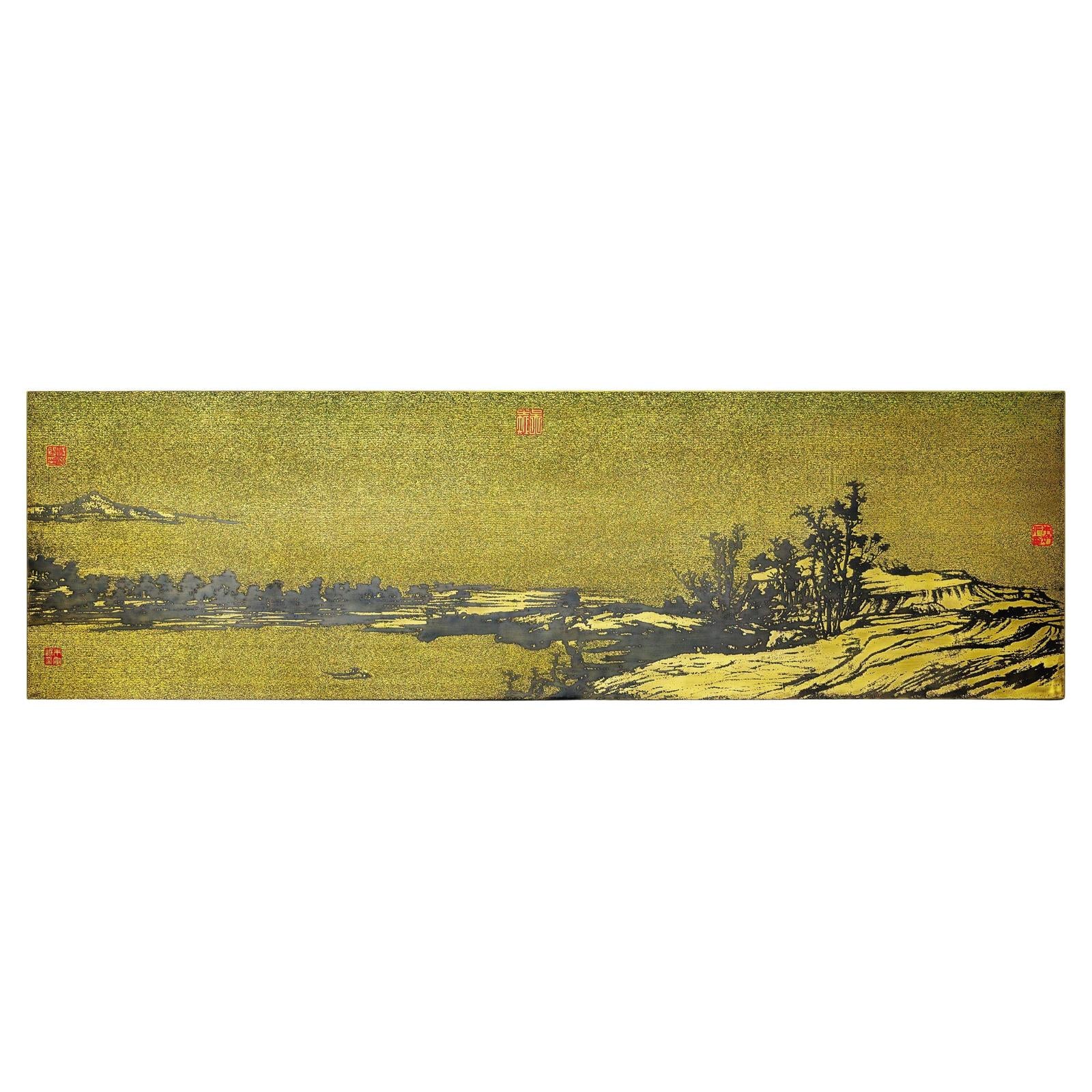 Gilt Metal Landscape Wall Panel with Red Seal Marks - image 1