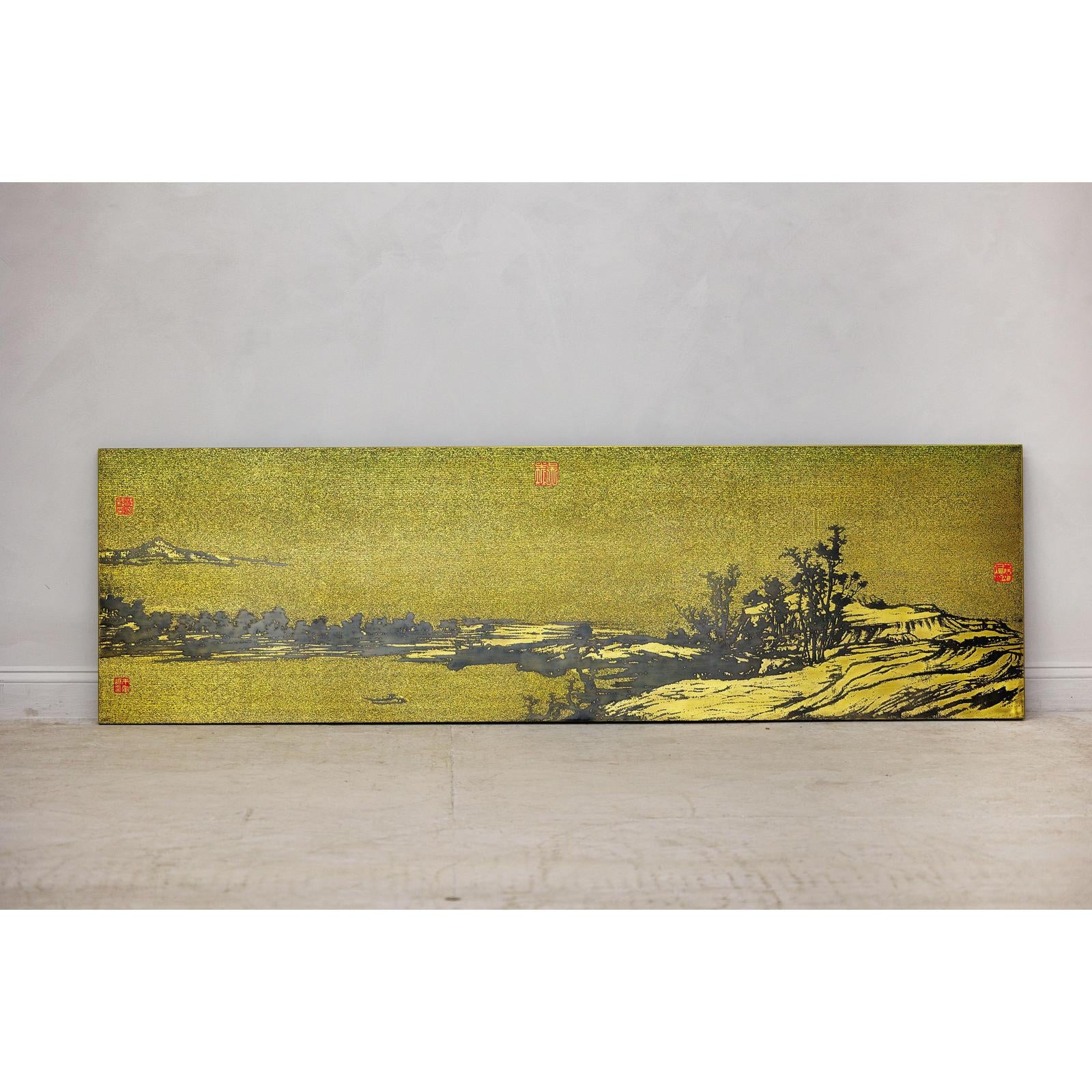 Gilt Metal Landscape Wall Panel with Red Seal Marks - image 2