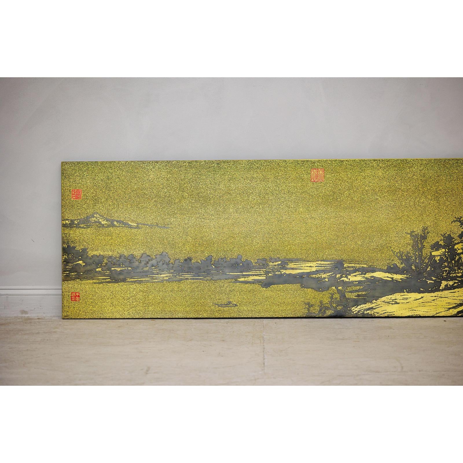 Gilt Metal Landscape Wall Panel with Red Seal Marks - image 3
