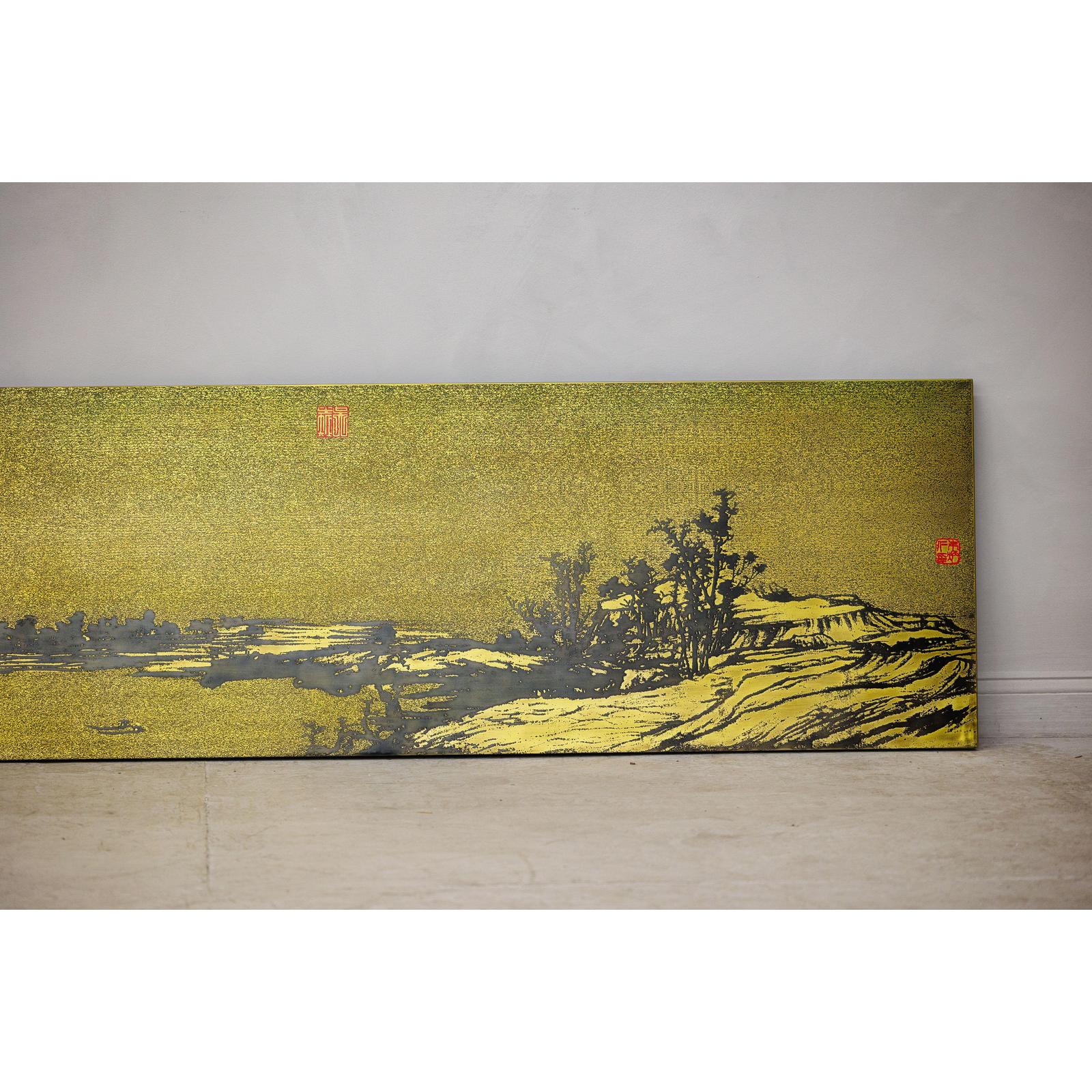 Gilt Metal Landscape Wall Panel with Red Seal Marks - image 4
