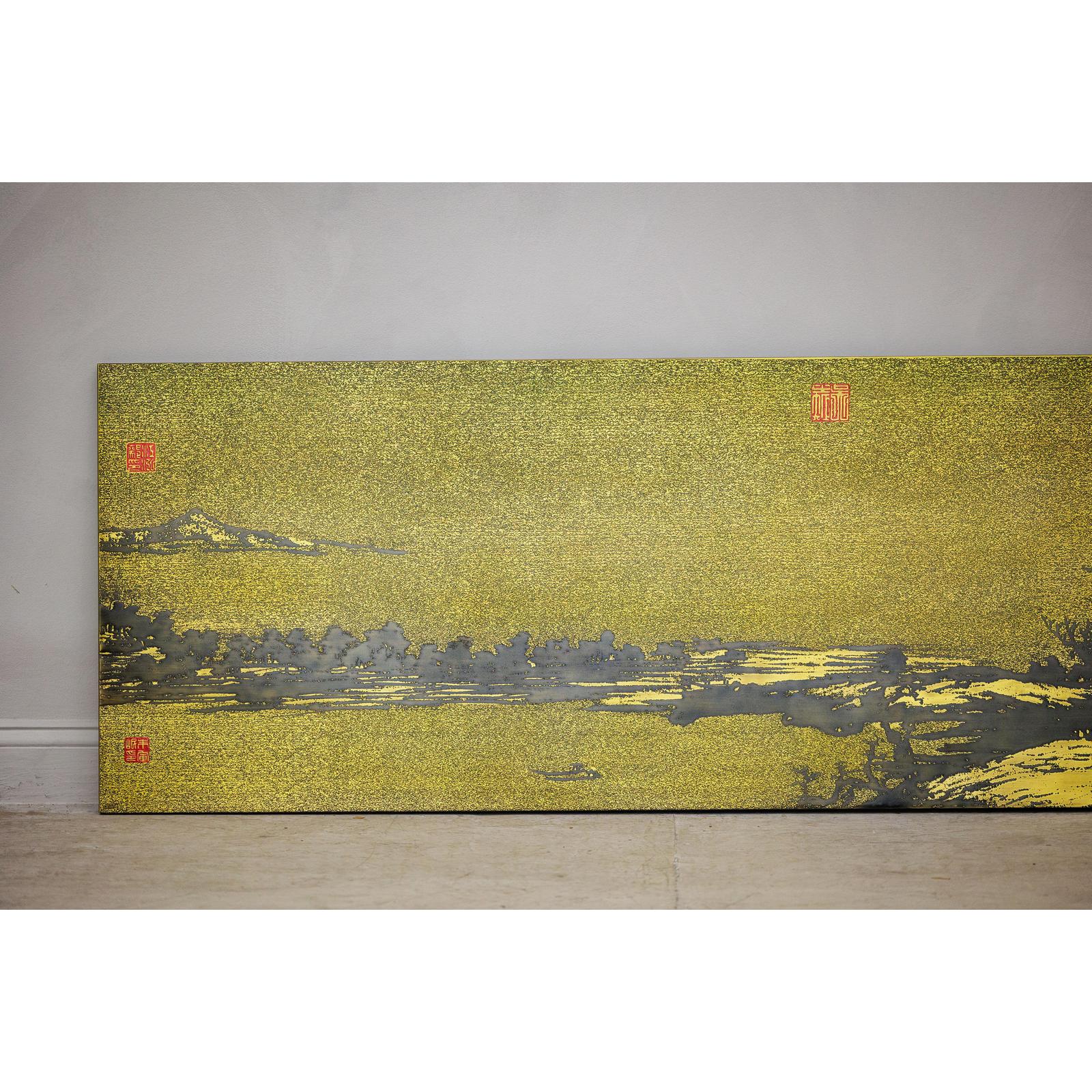 Gilt Metal Landscape Wall Panel with Red Seal Marks - image 5