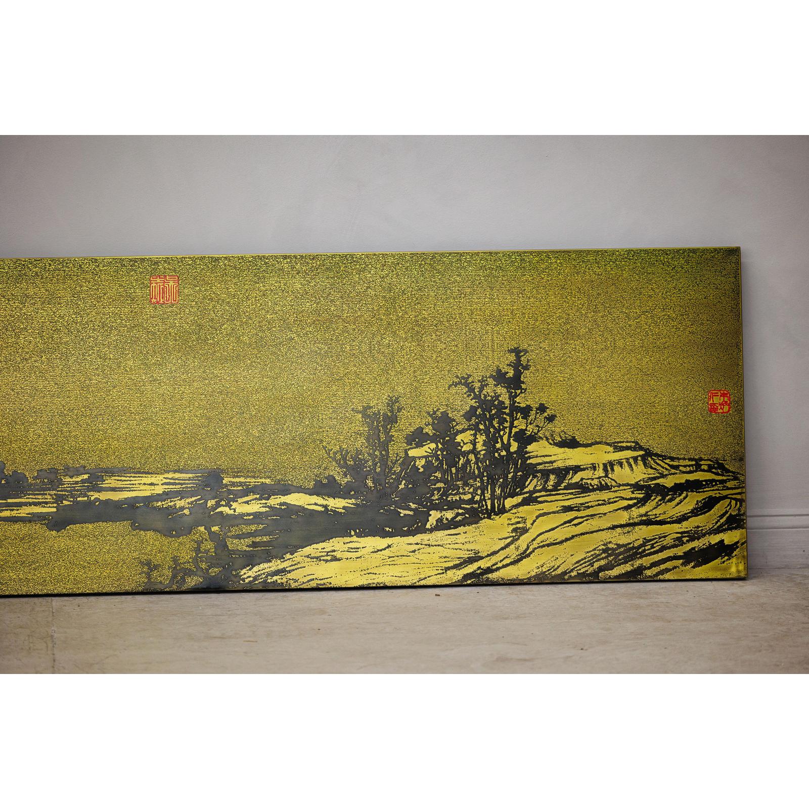Gilt Metal Landscape Wall Panel with Red Seal Marks - image 6