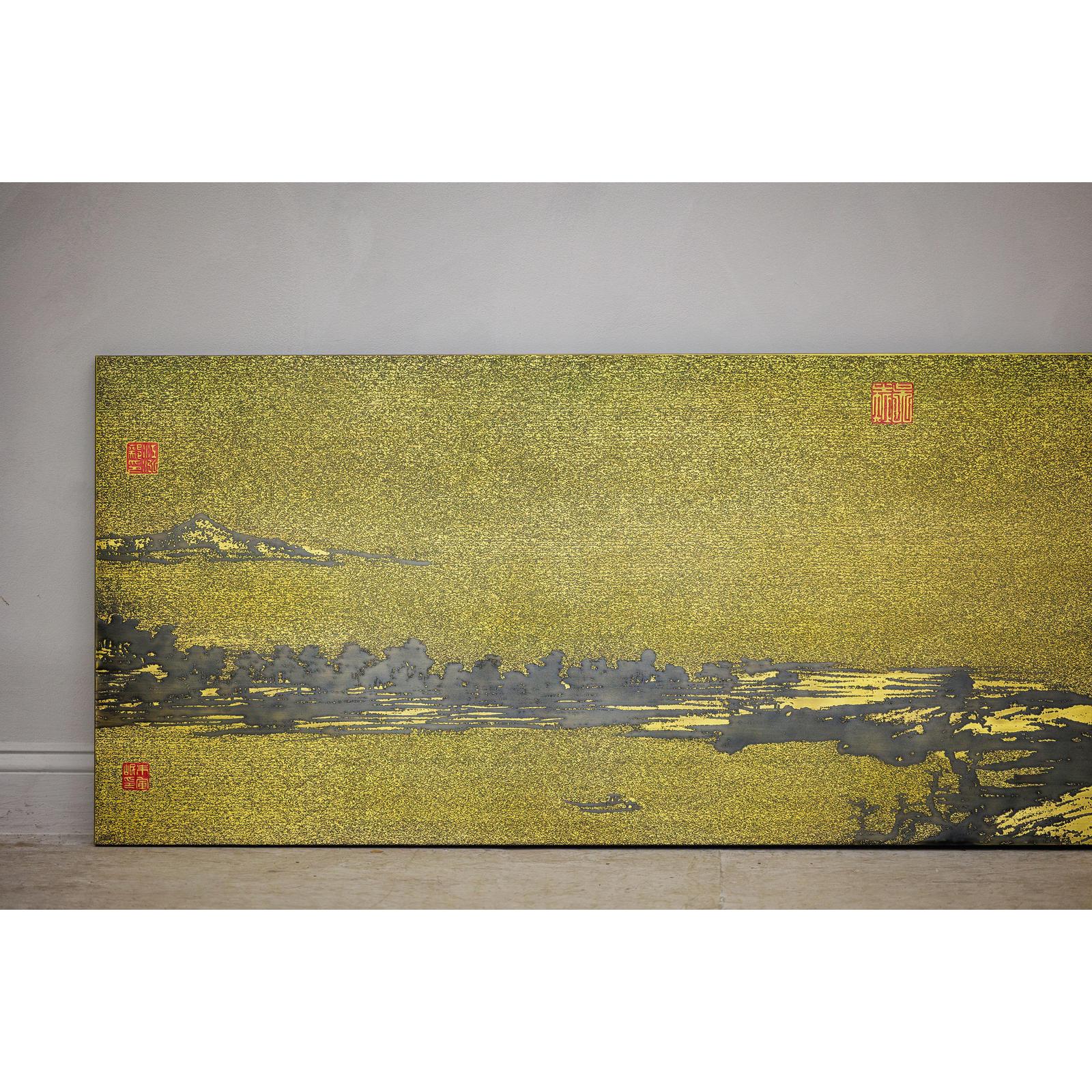 Gilt Metal Landscape Wall Panel with Red Seal Marks - image 7