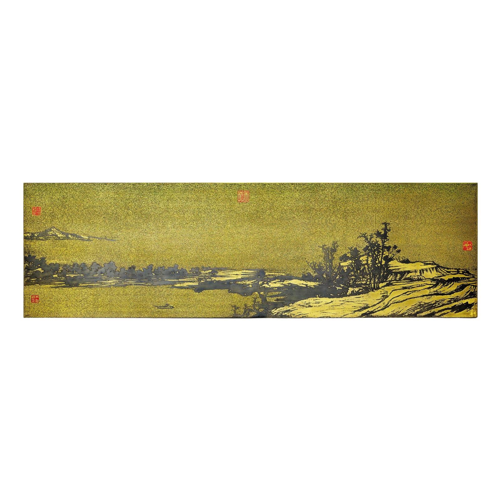 Gilt Metal Landscape Wall Panel with Red Seal Marks - image 9