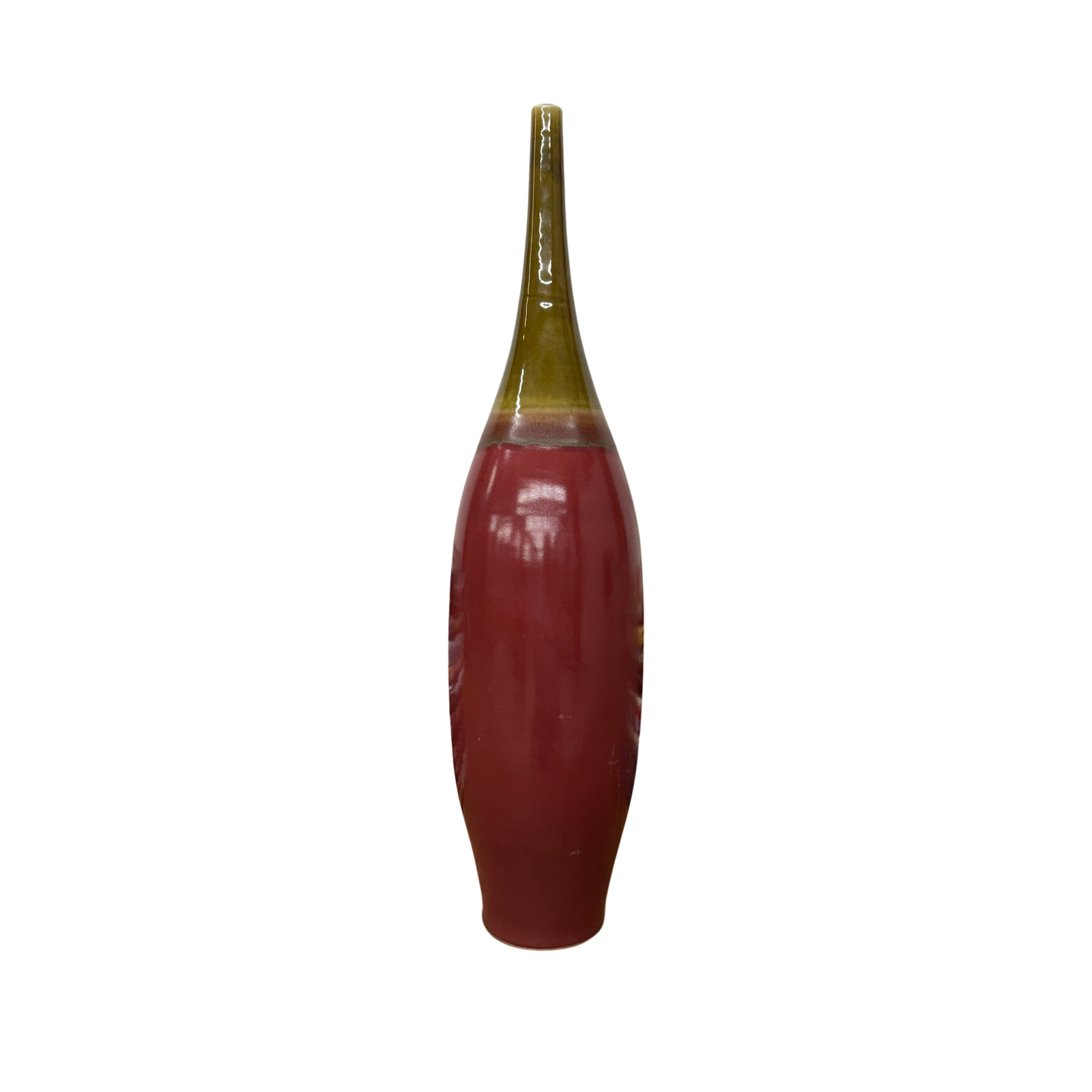Glazed Apple Red Ceramic Vase with Skinny Mustard Green Neck - FEA Home