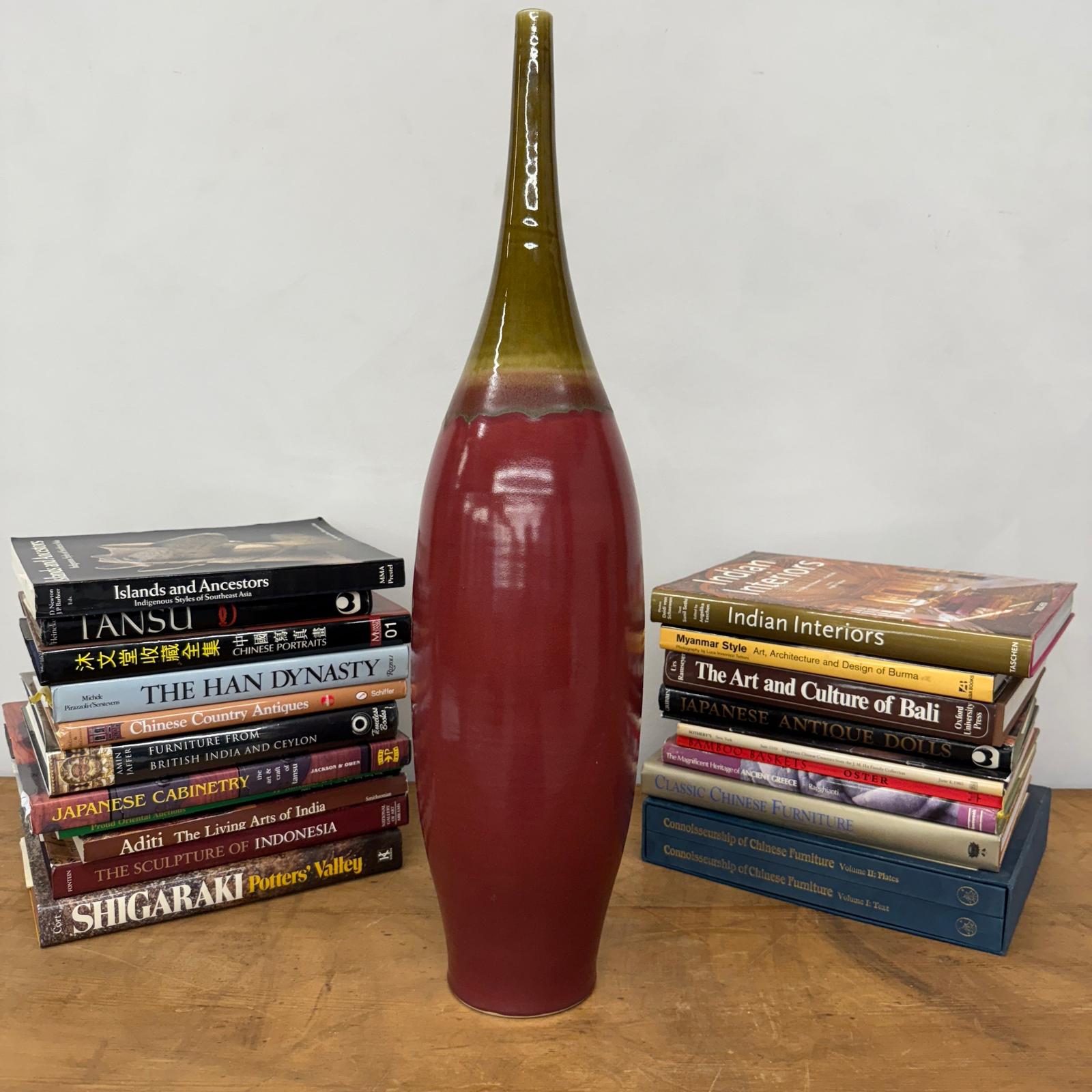 Glazed Apple Red Ceramic Vase with Skinny Mustard Green Neck - FEA Home