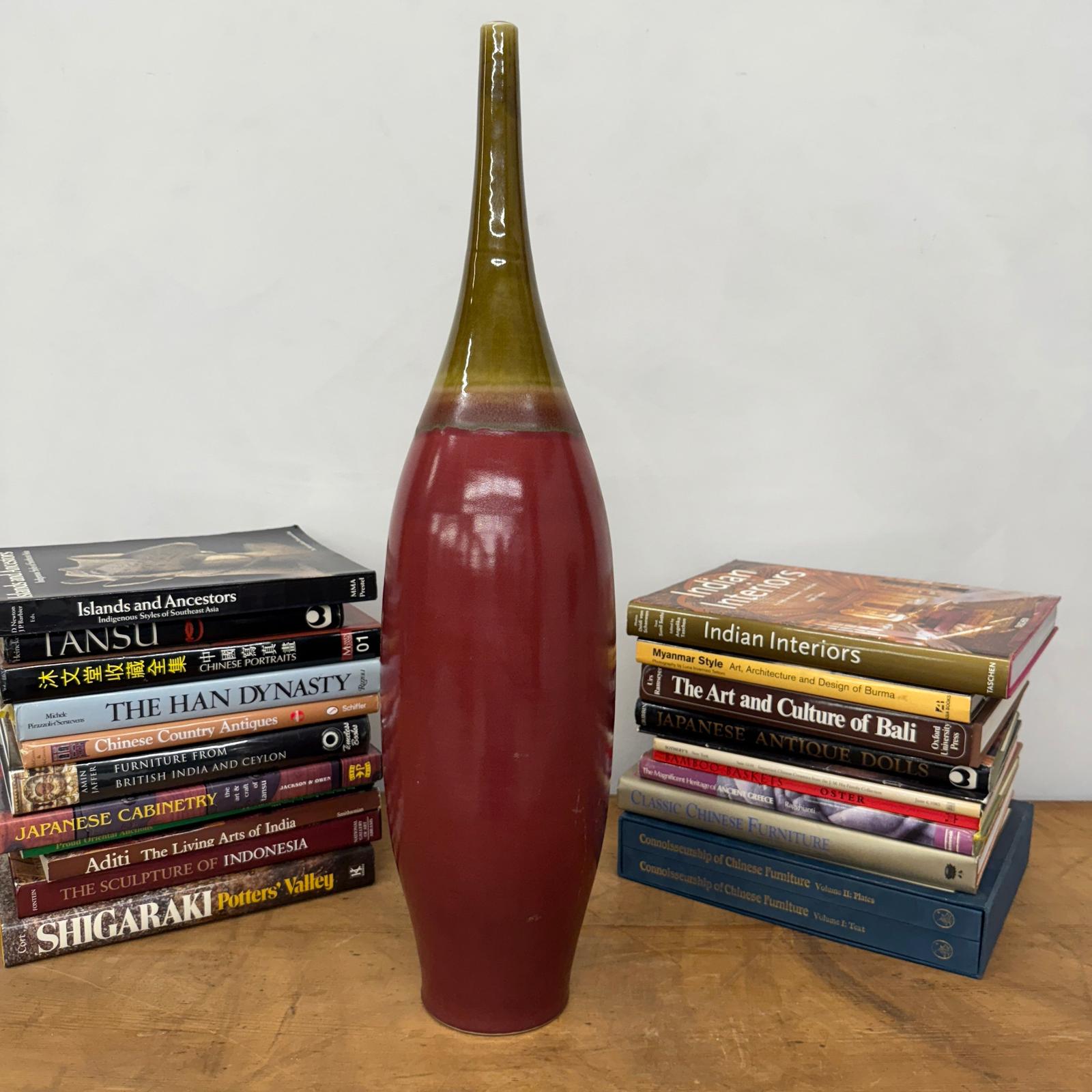 Glazed Apple Red Ceramic Vase with Skinny Mustard Green Neck - FEA Home