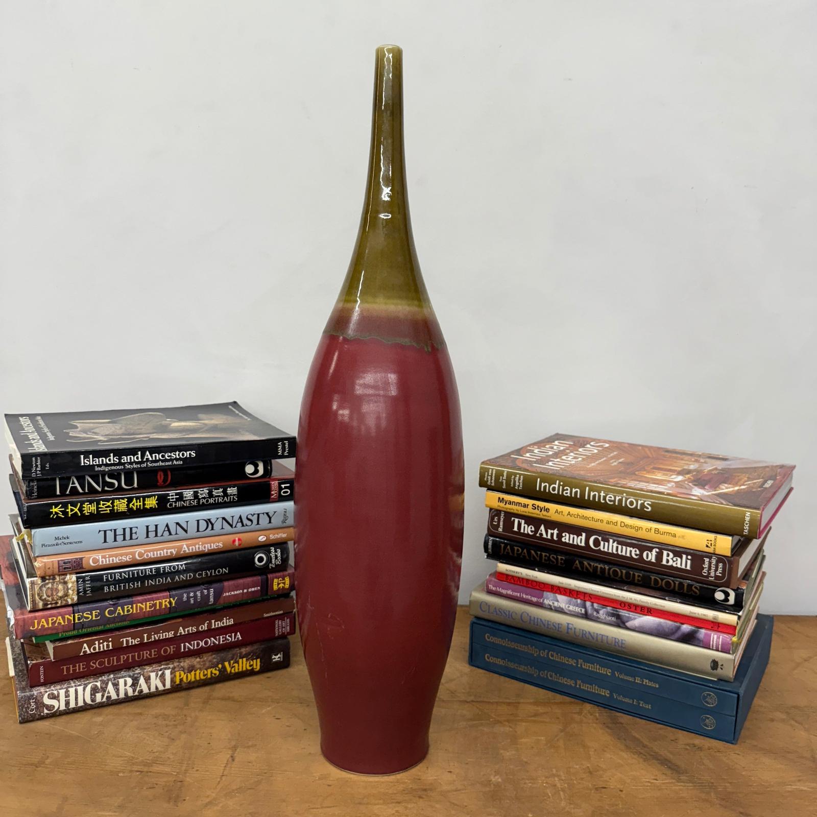 Glazed Apple Red Ceramic Vase with Skinny Mustard Green Neck - FEA Home