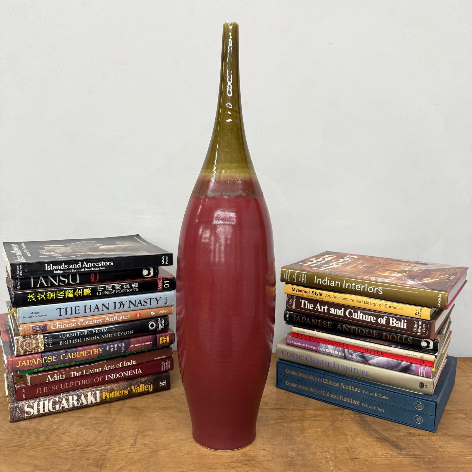 Glazed Apple Red Ceramic Vase with Skinny Mustard Green Neck - FEA Home