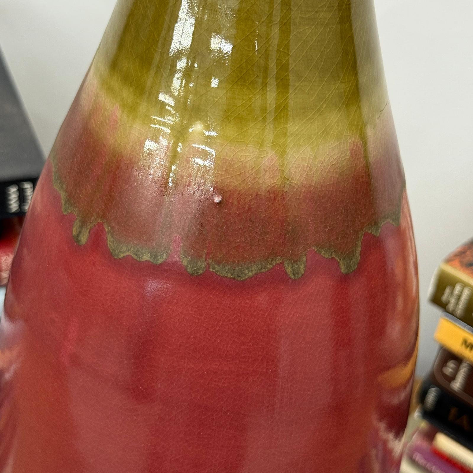 Glazed Apple Red Ceramic Vase with Skinny Mustard Green Neck - FEA Home