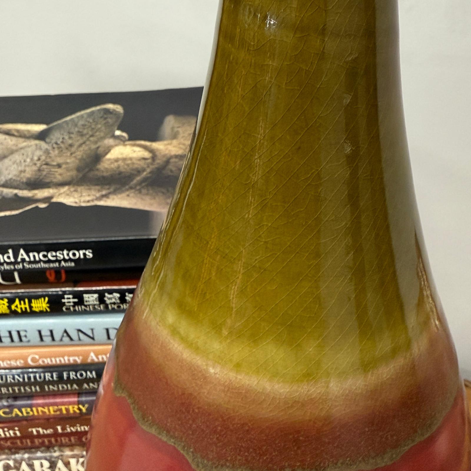 Glazed Apple Red Ceramic Vase with Skinny Mustard Green Neck - FEA Home