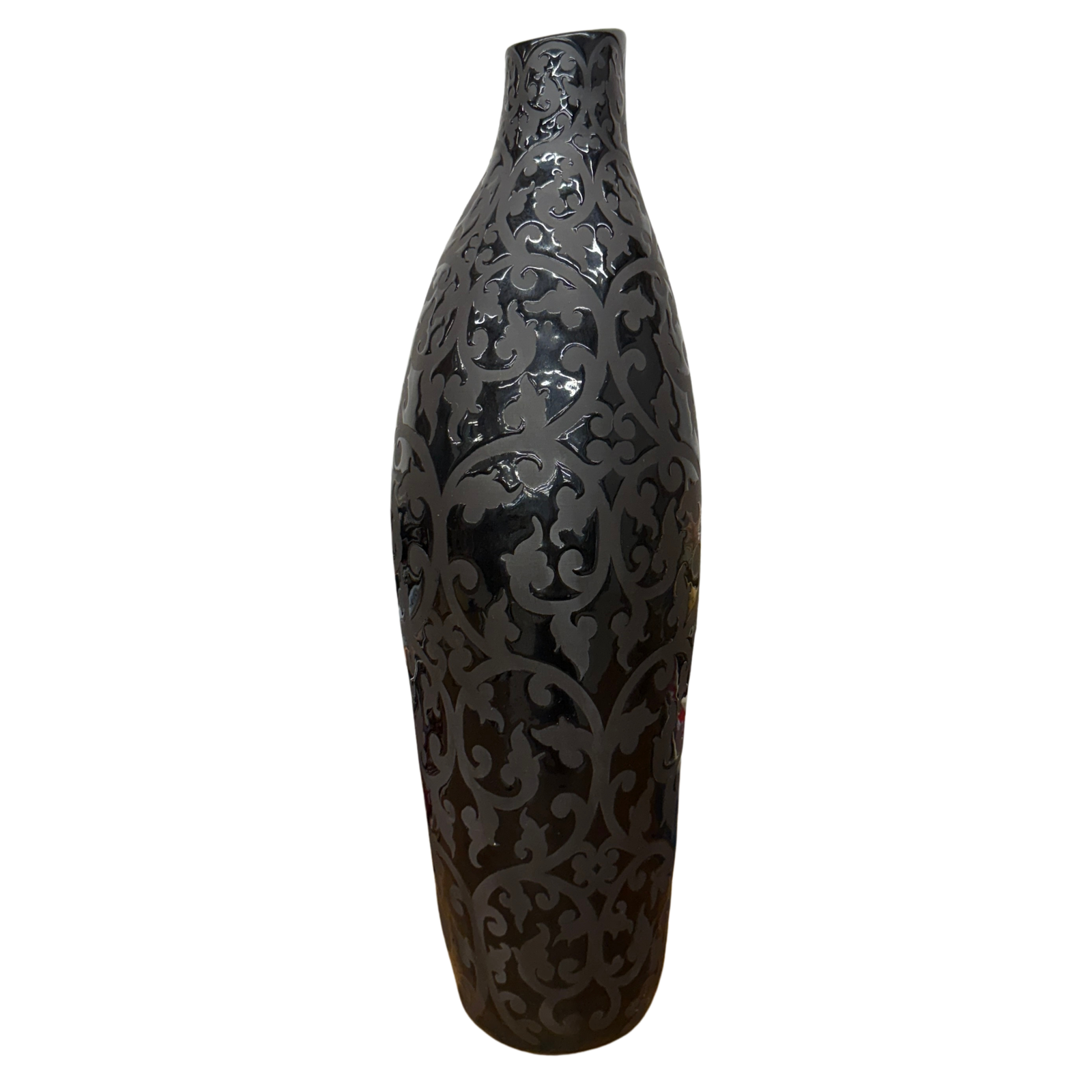 Glazed Midnight Black Ceramic Vase with Curled Floral Design - FEA Home
