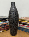 Glazed Midnight Black Ceramic Vase with Curled Floral Design - FEA Home