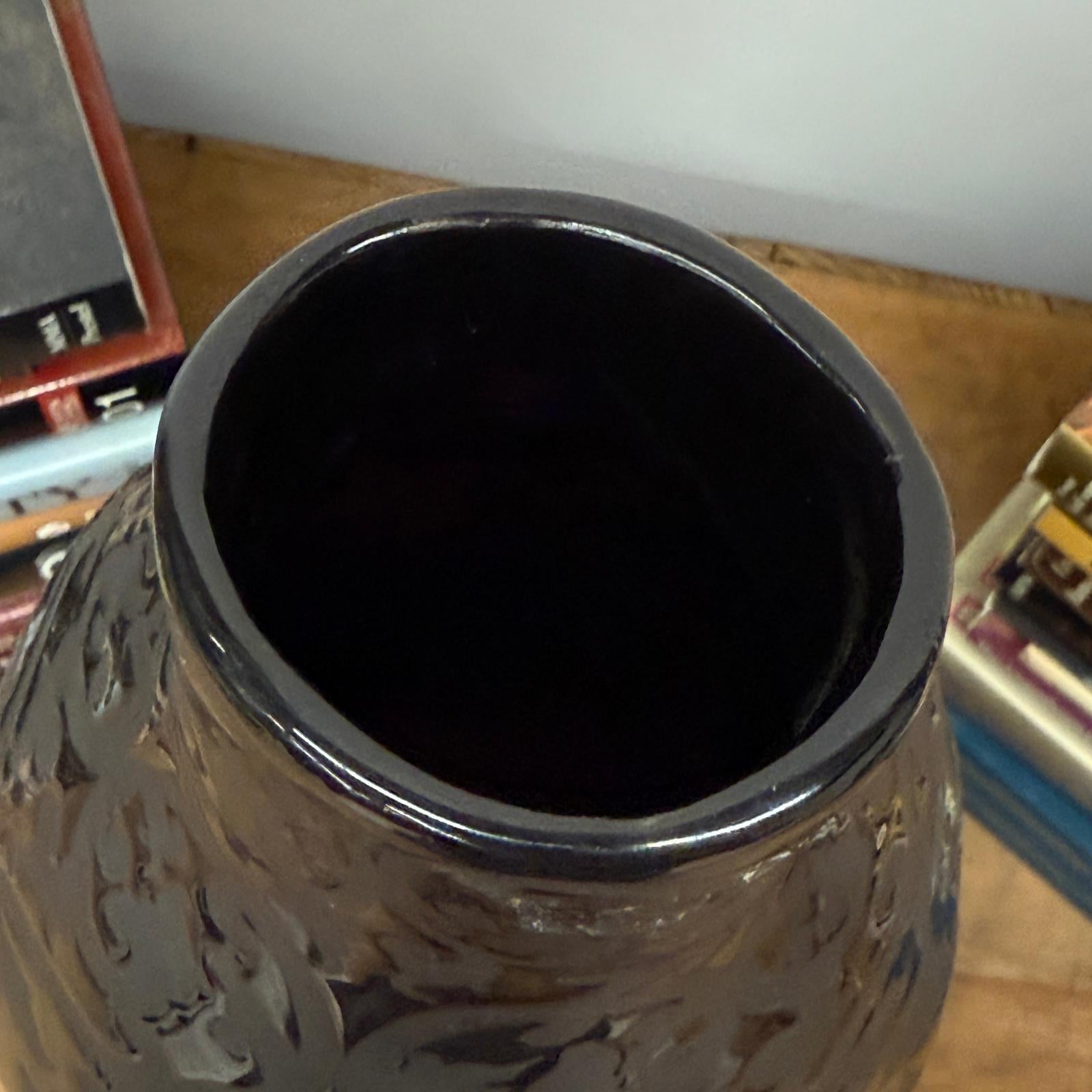 Glazed Midnight Black Ceramic Vase with Curled Floral Design - FEA Home