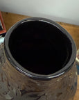 Glazed Midnight Black Ceramic Vase with Curled Floral Design - FEA Home