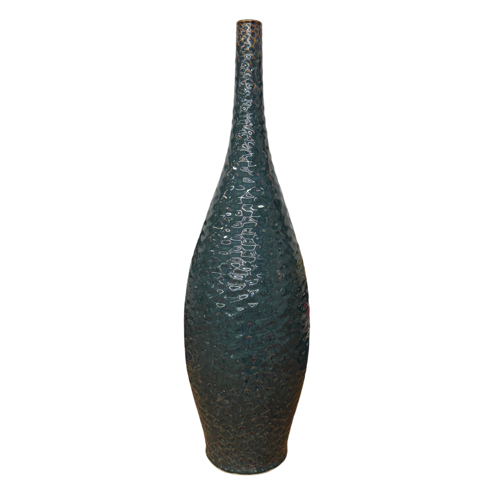 Glazed Teal &amp; Amber Textured Ceramic Vase with Narrow Neck - FEA Home