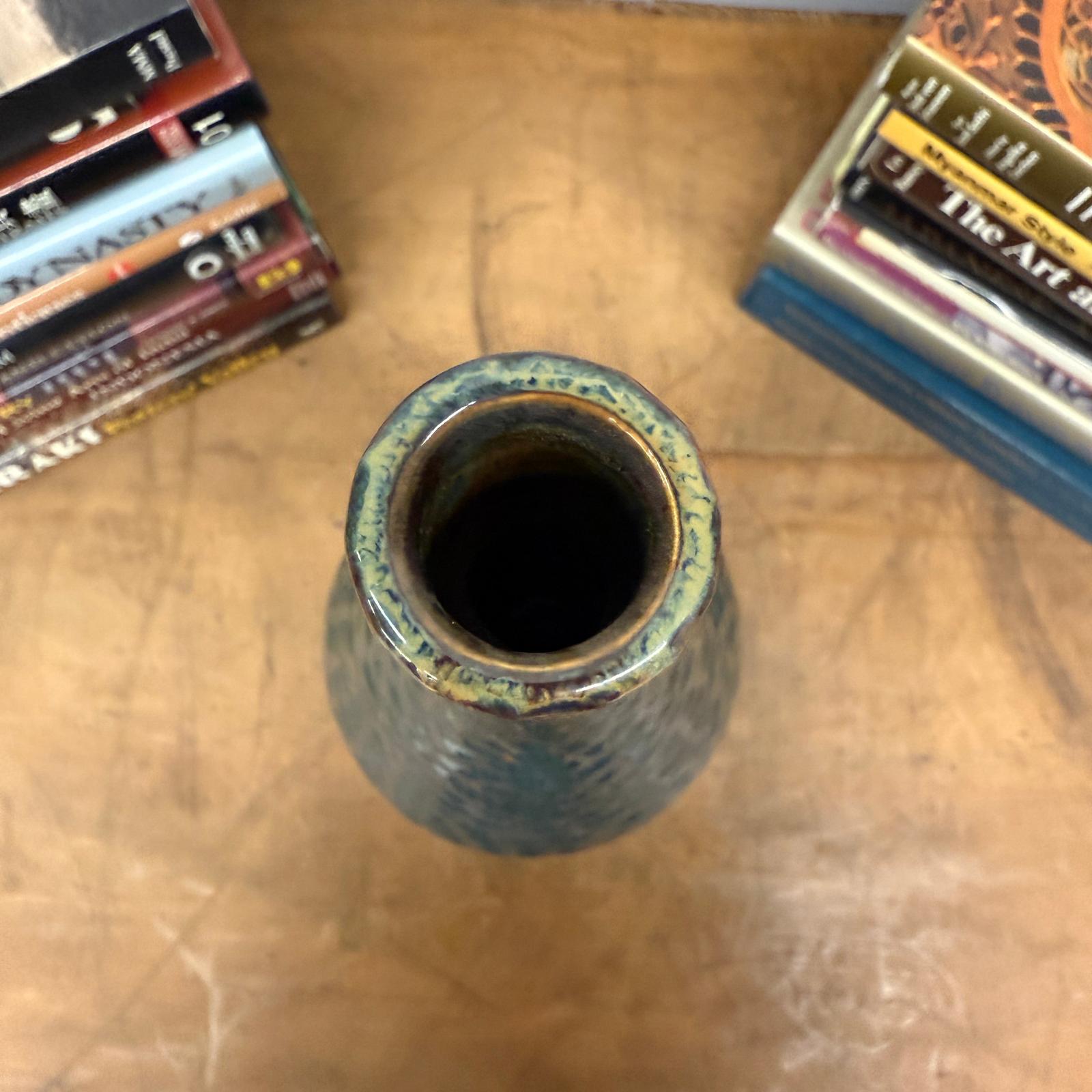 Glazed Teal &amp; Amber Textured Ceramic Vase with Narrow Neck - FEA Home